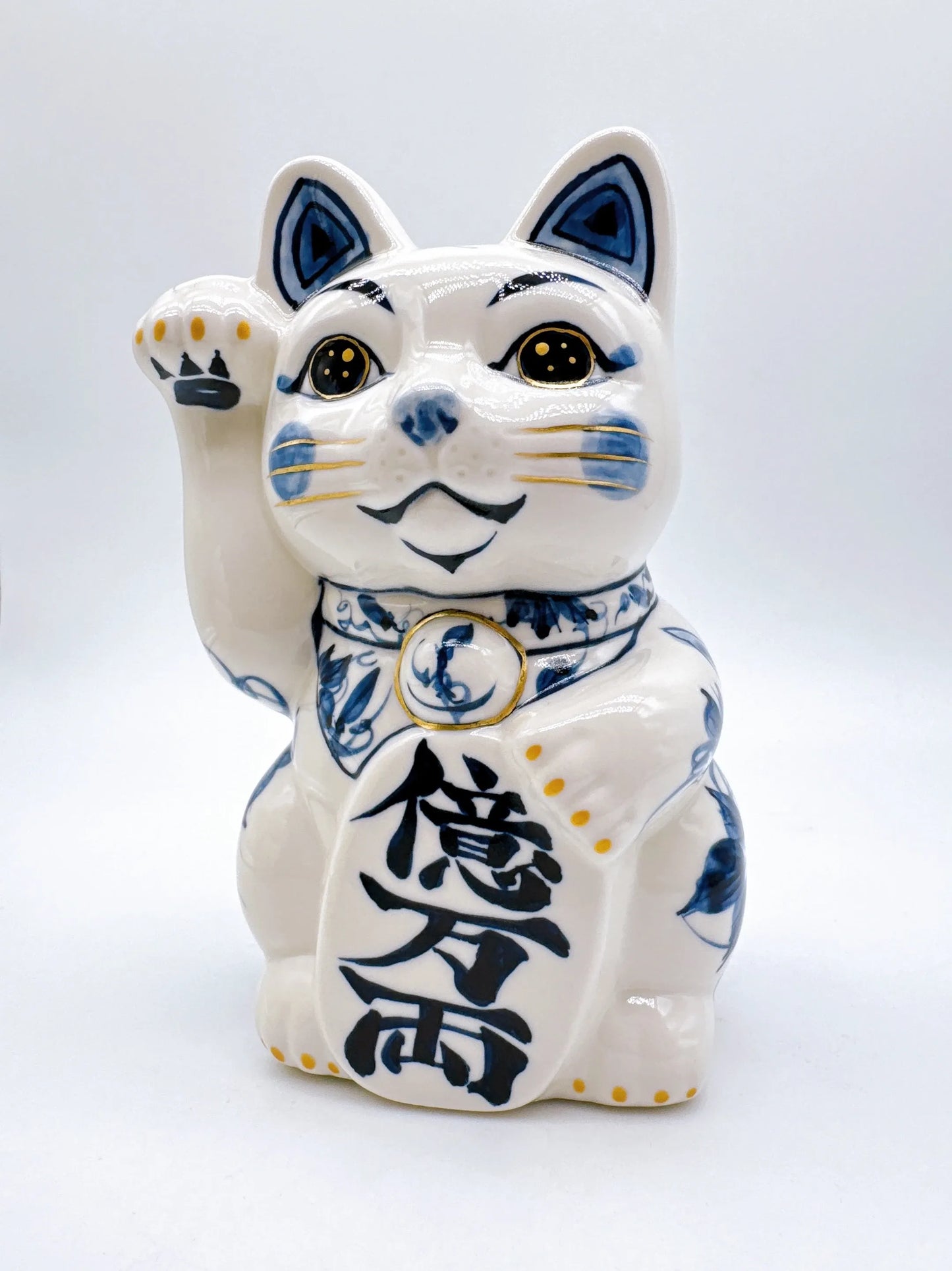 日本清水燒招財貓 染付 鐵線 金彩 特大