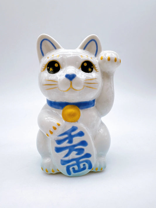 日本清水燒招財貓 花結晶 水白 千万両 左