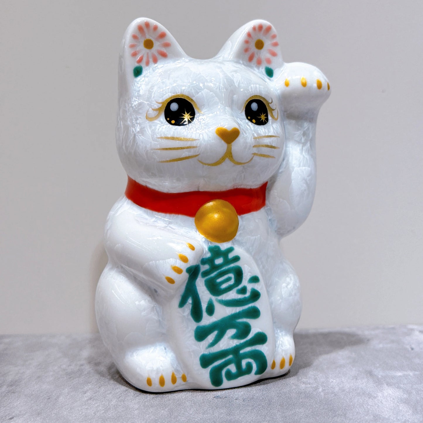 日本清水燒招財貓 花結晶 白 億万両 左 特小