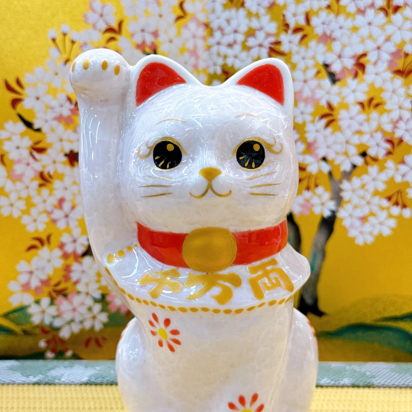 日本清水烧招财猫 花结晶 桃 千万两