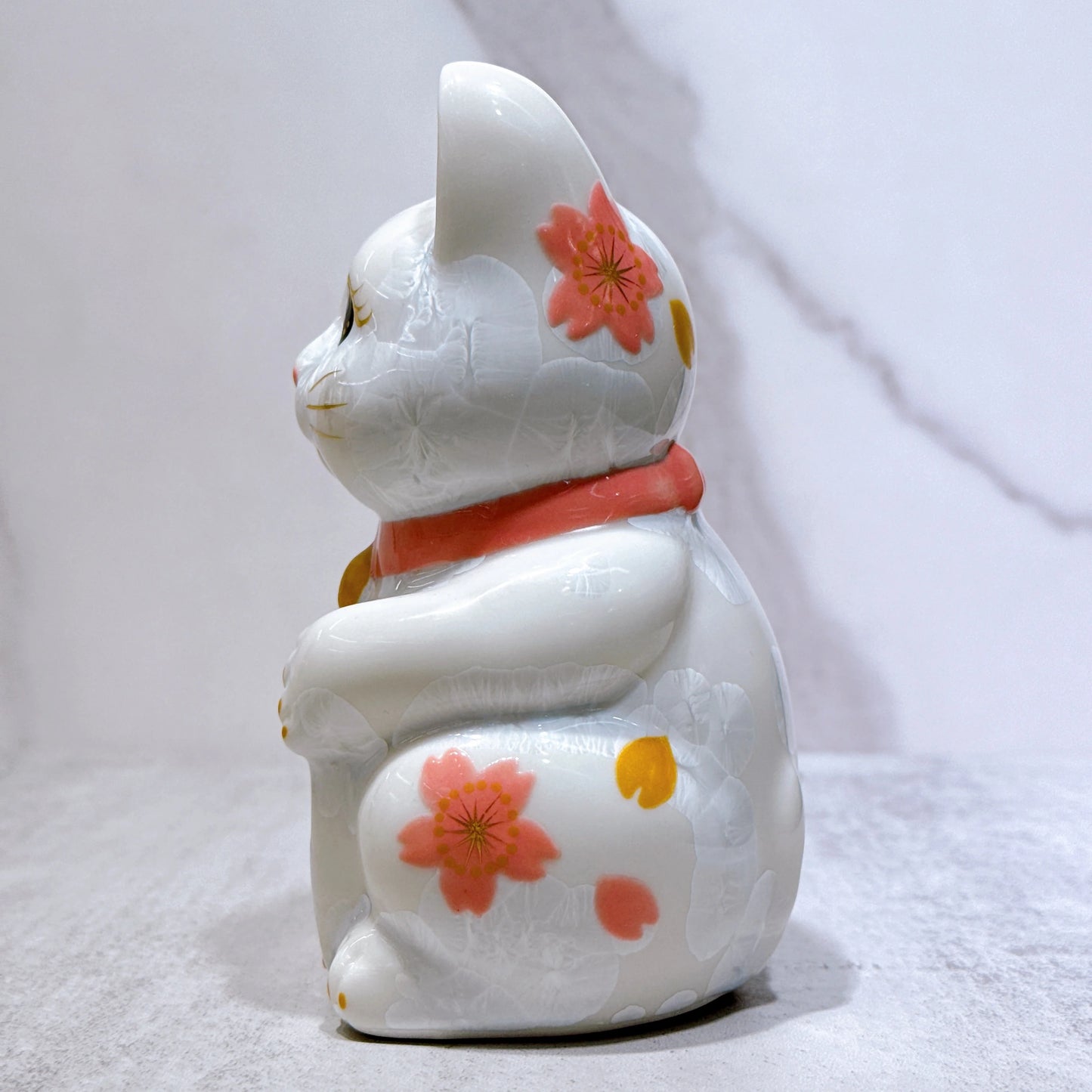 日本清水燒招財貓 花結晶 白 体花 招福 右