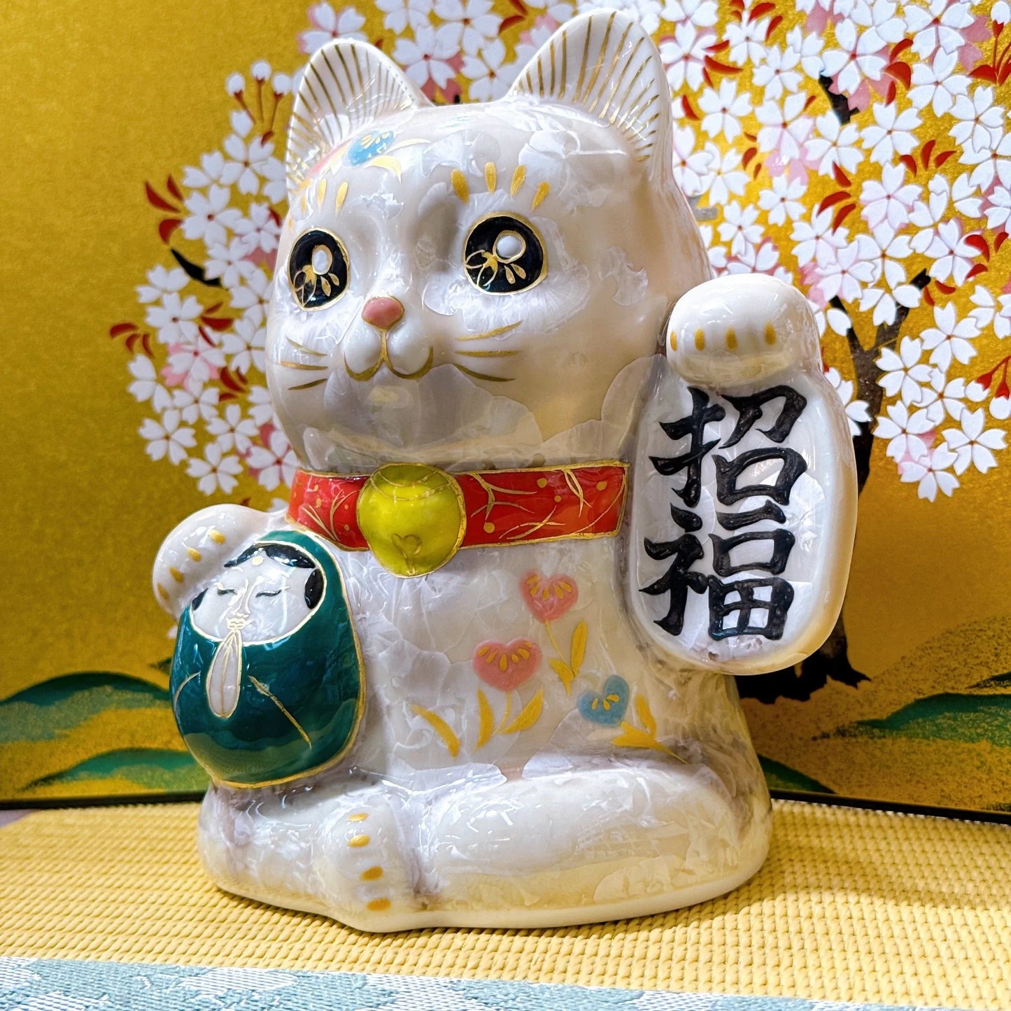 日本清水燒招財貓 達摩 花結晶 杏 招福