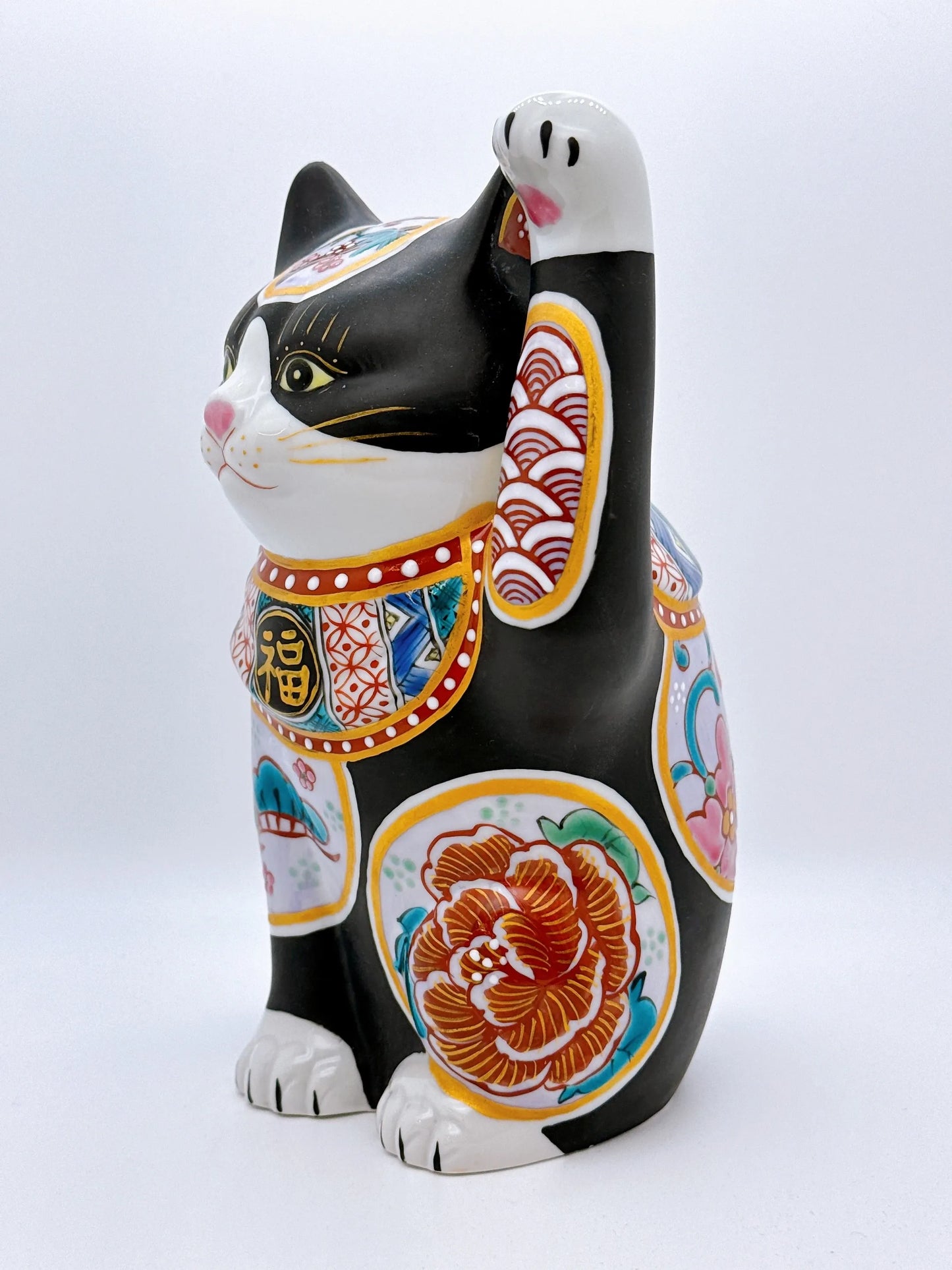 日本九谷烧招财猫 黑地 松竹梅