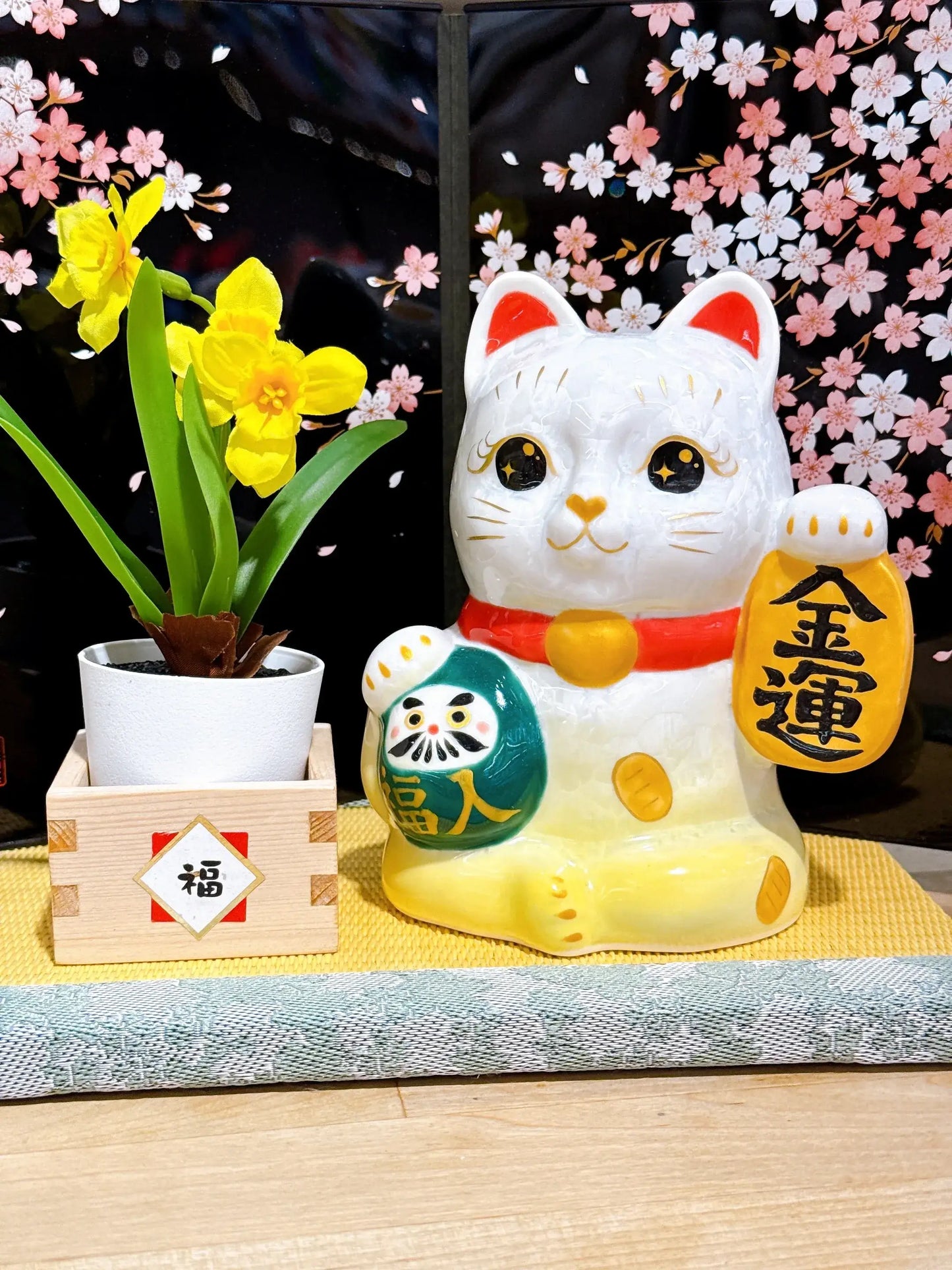 日本清水燒招財貓 達摩 花結晶 黃白 金運
