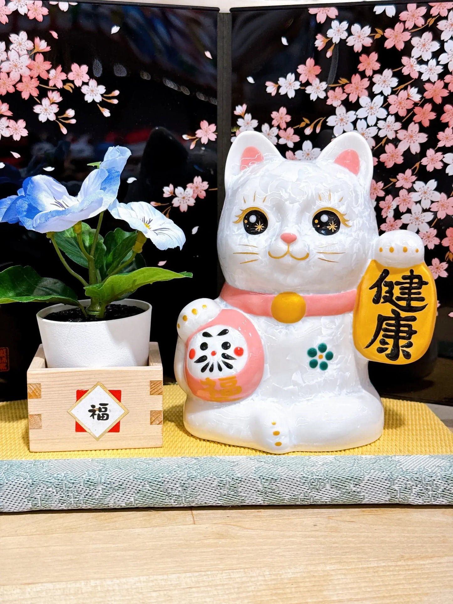 日本清水燒招財貓 達摩 花結晶 白 健康
