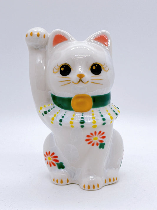 日本清水燒招財貓 花結晶 白 招福