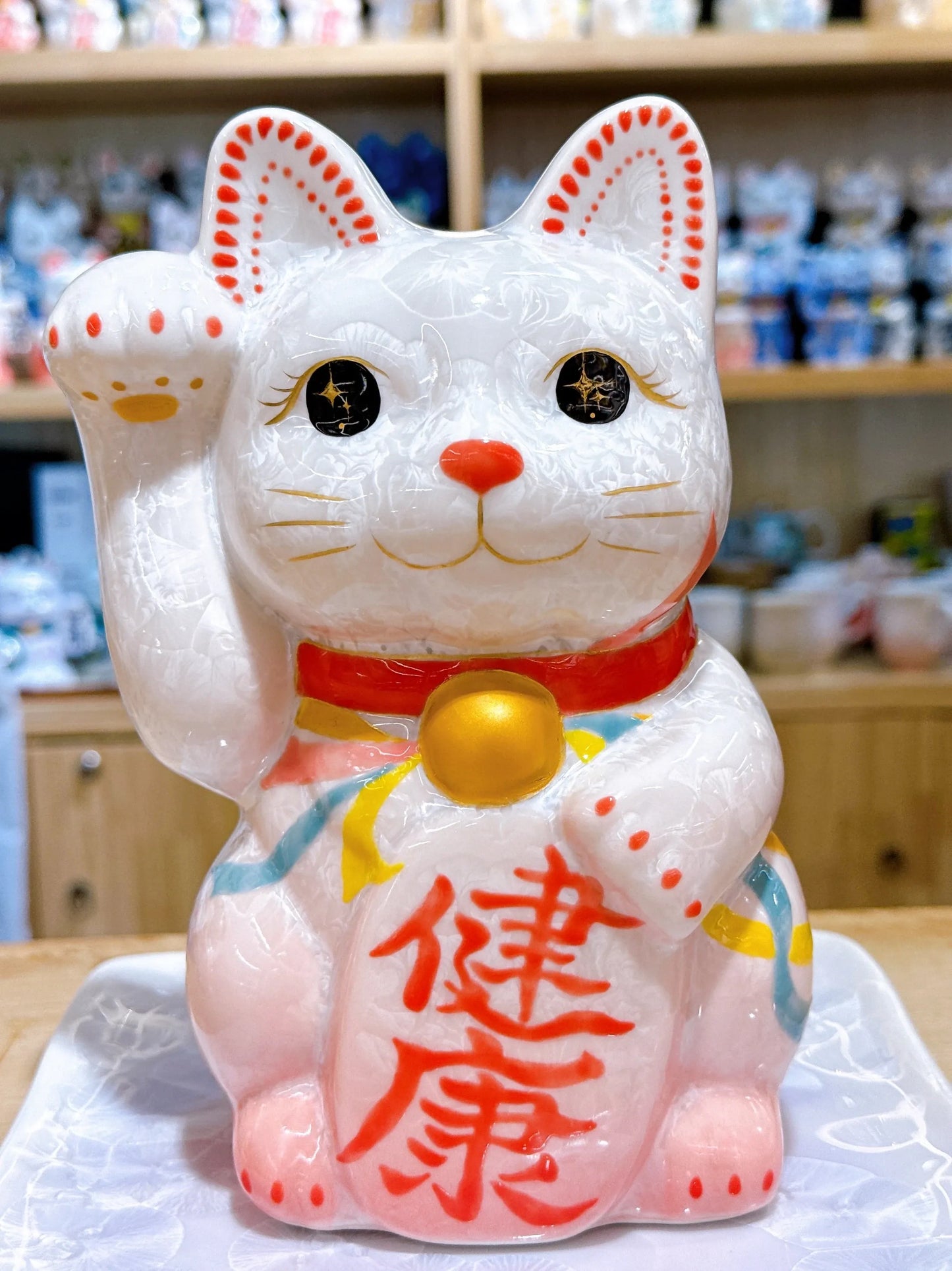 日本清水燒招財貓 花結晶 桃白 健康 特大 右