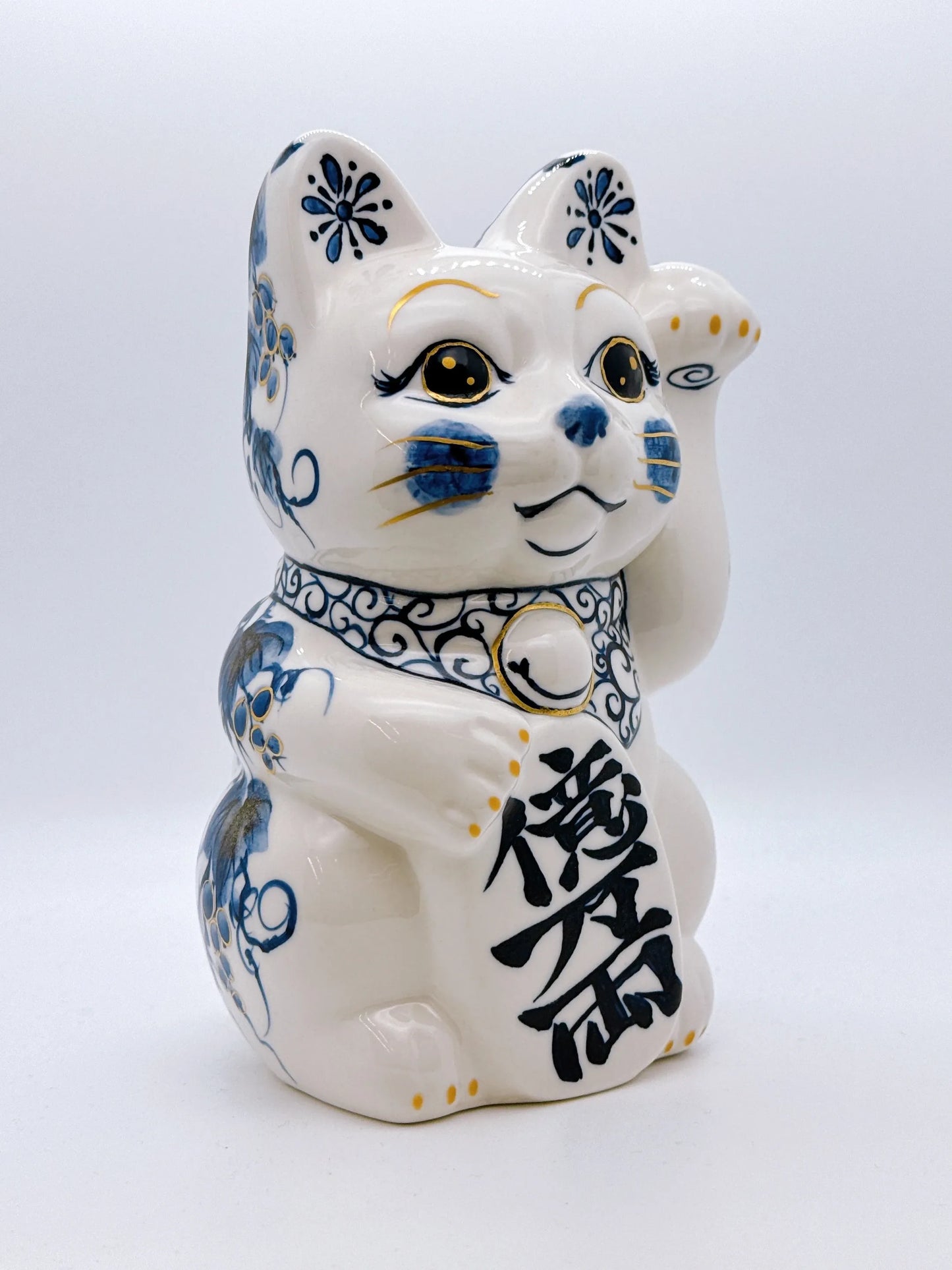 日本清水燒招財貓 染付 金彩福鳥 特大