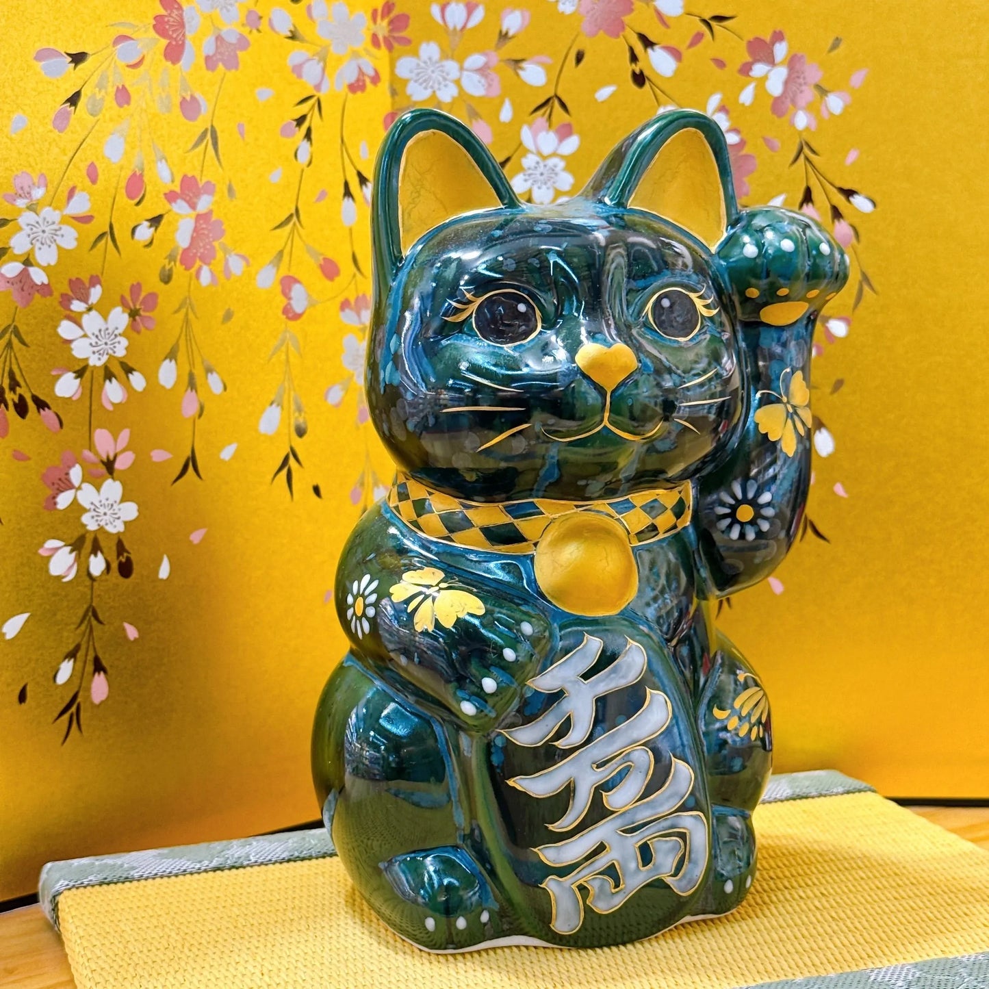 日本清水燒招財貓 古地深綠 特大