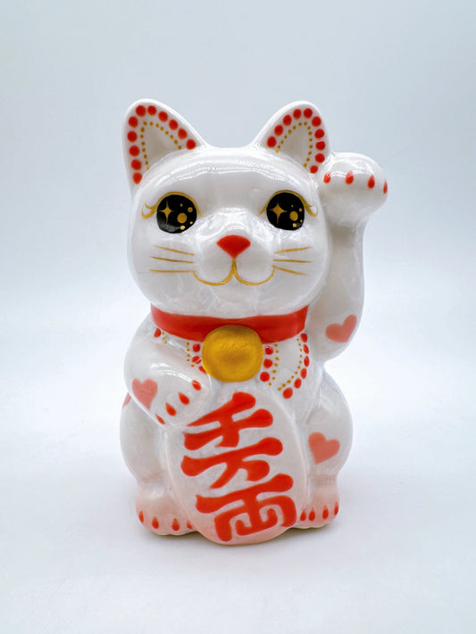 日本清水燒招財貓 花結晶 桃白 体心 千万両 左