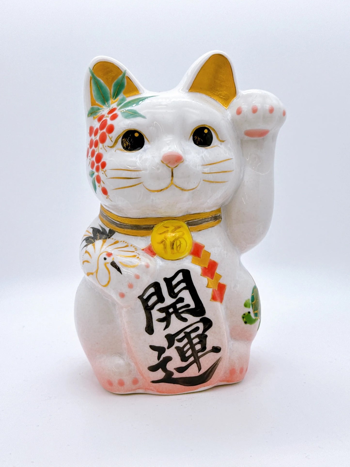 日本清水燒招財貓 花結晶 桃白 福鶴 中號