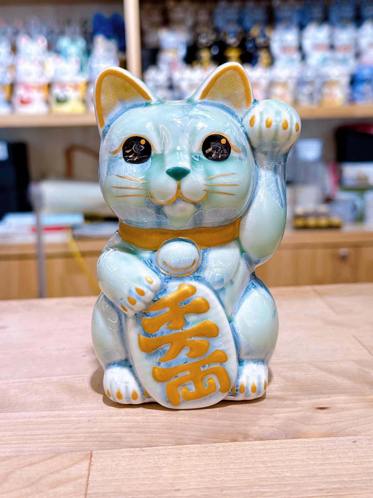 日本清水燒招財貓 花結晶 綠 千万両 左