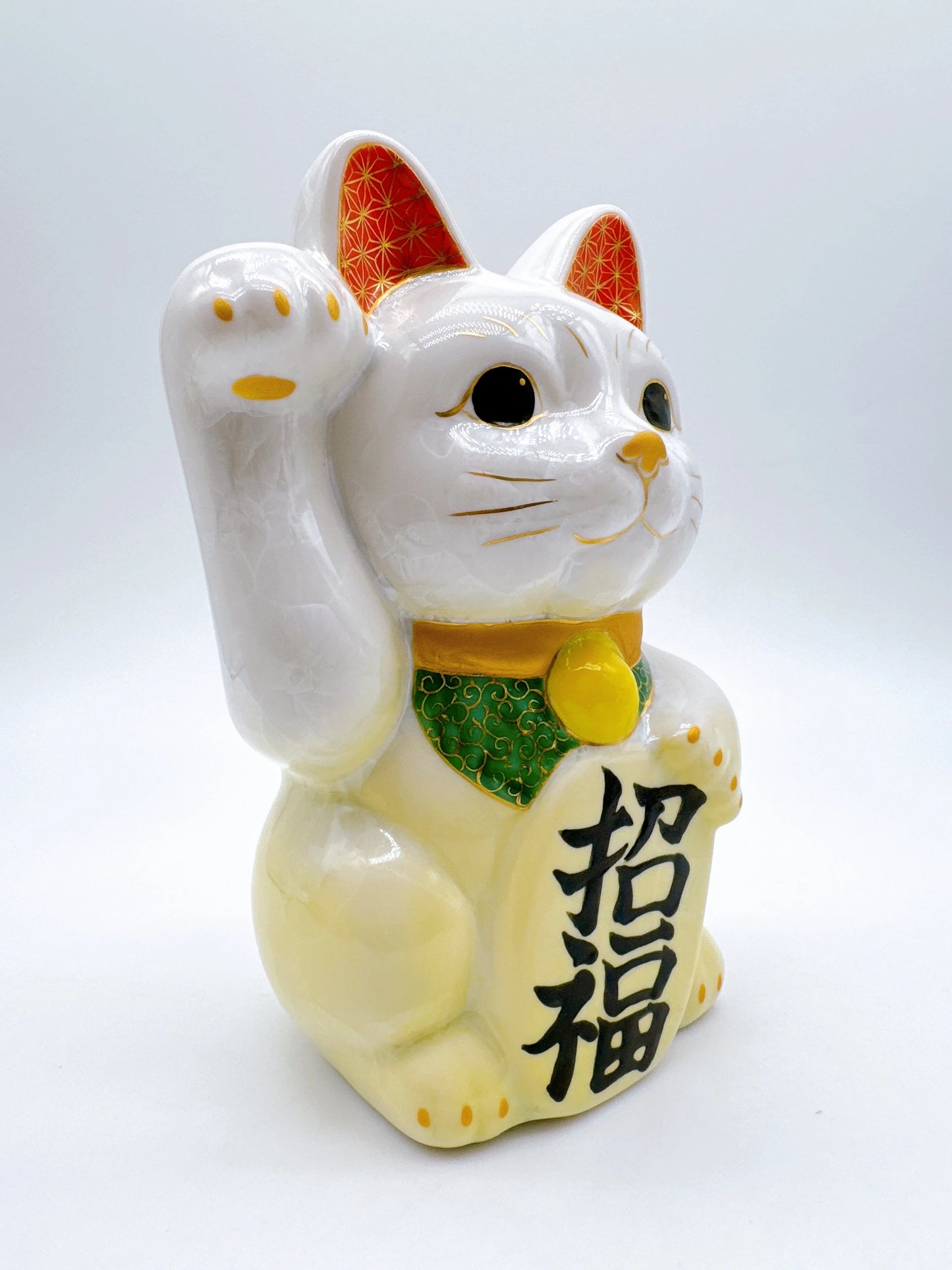 日本清水燒招財貓 花結晶 黃白 特大