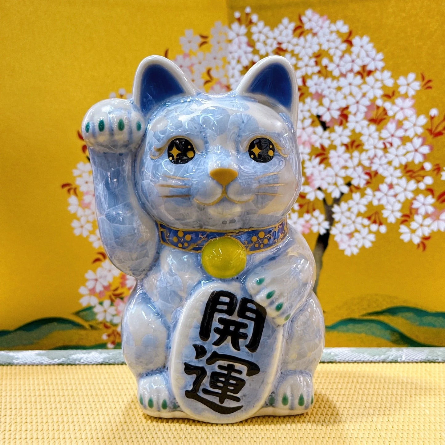 日本清水燒招財貓 花結晶 銀藤 開運 右