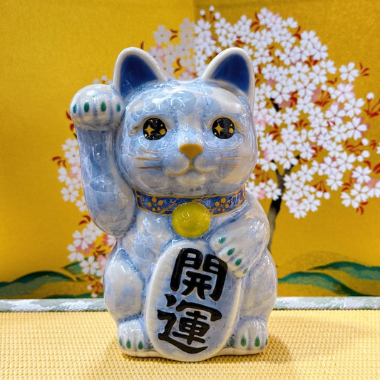 日本清水燒招財貓 花結晶 銀藤 開運 右