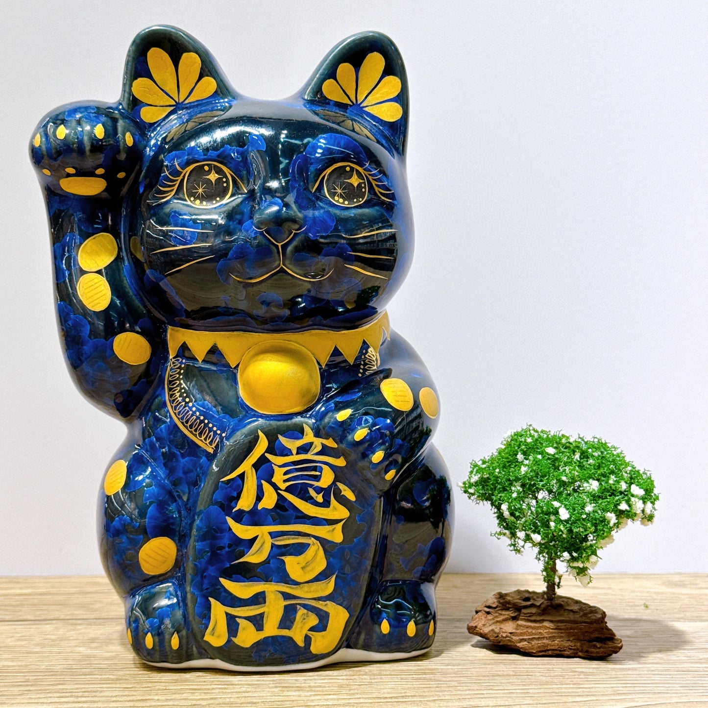 日本清水燒招財貓 青墨 金幣 特大