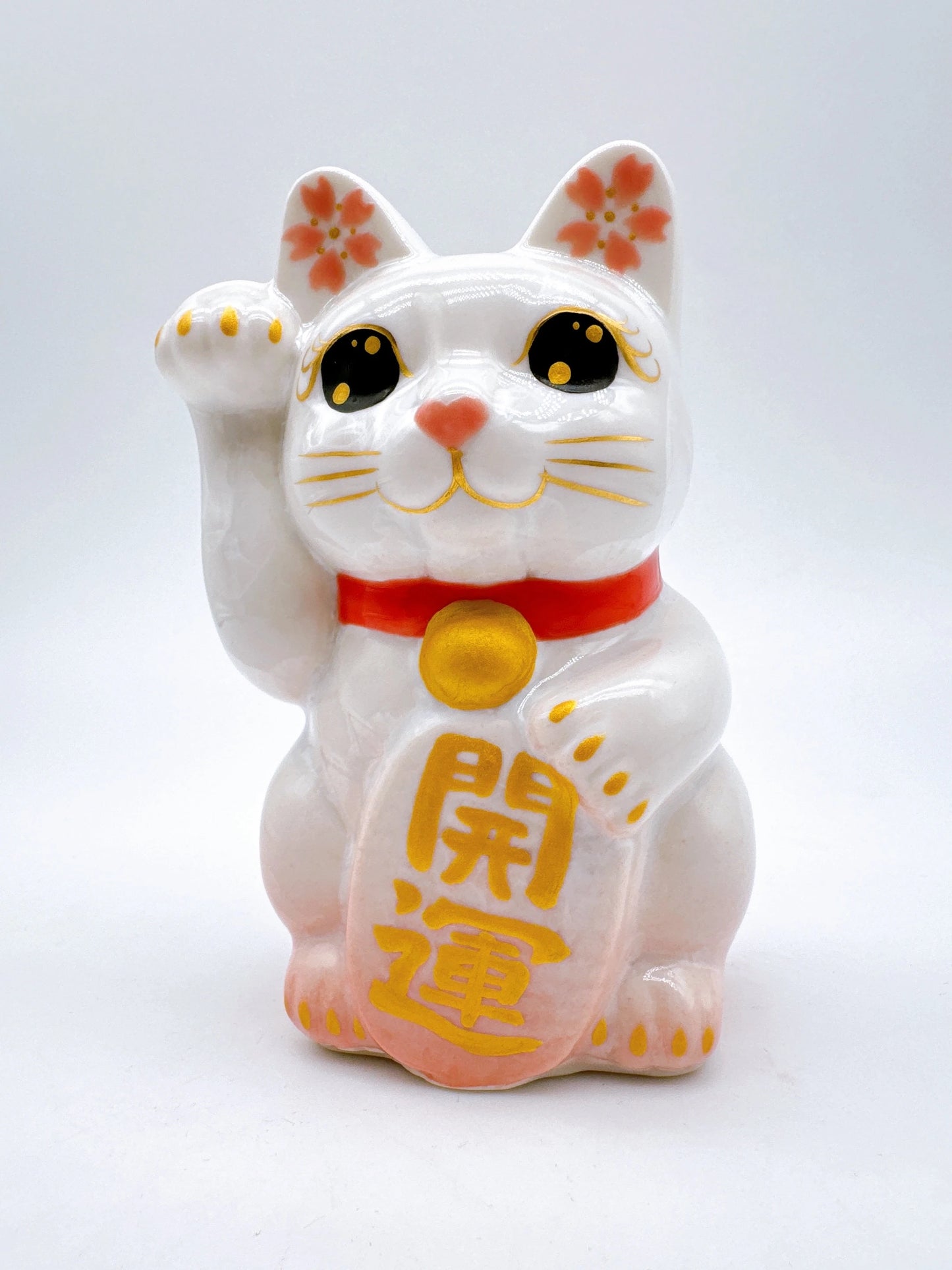 日本清水燒招財貓 花結晶 桃白 開運 右