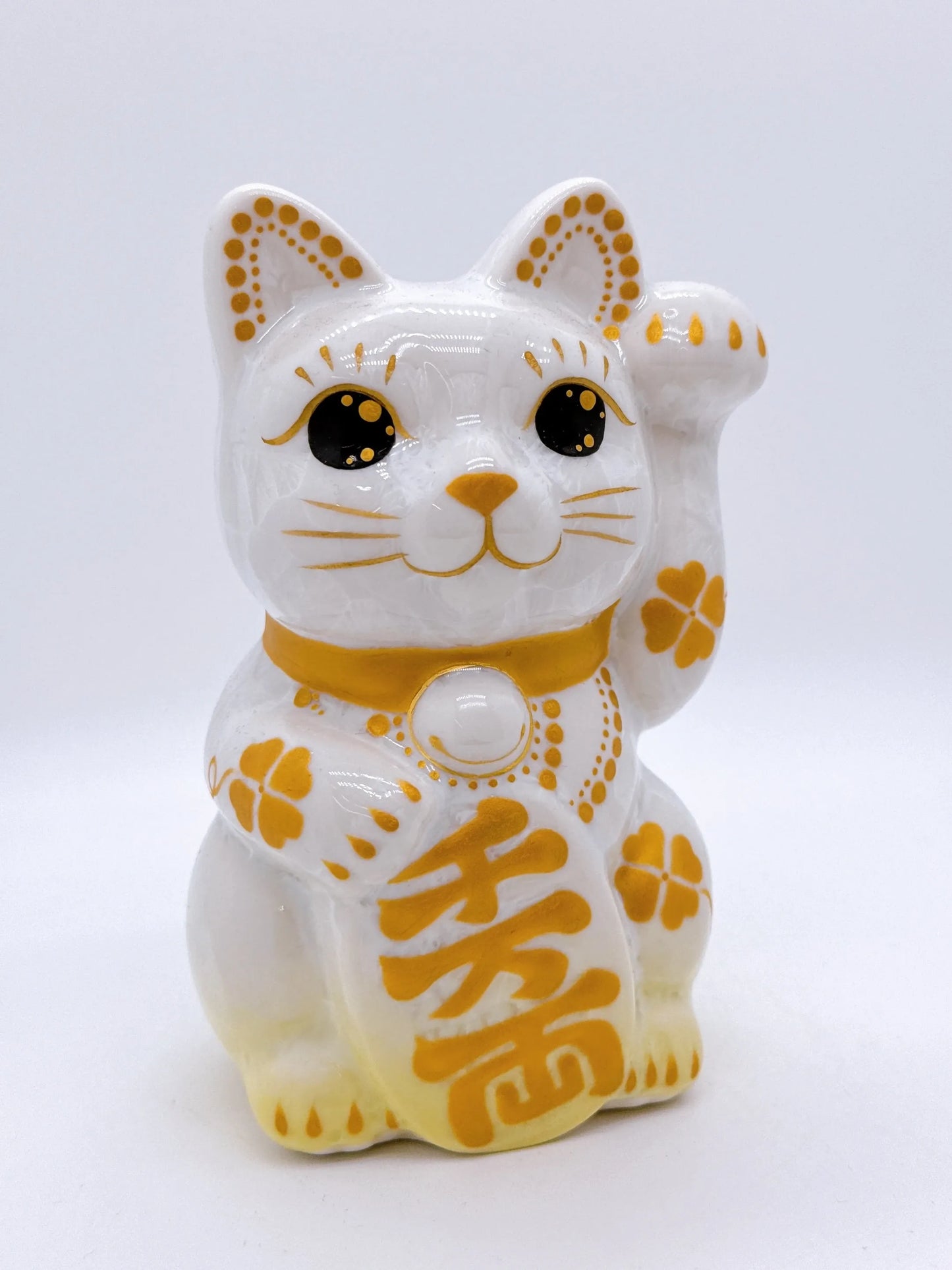 日本清水燒招財貓 花結晶 黃白 体花 千万両 左