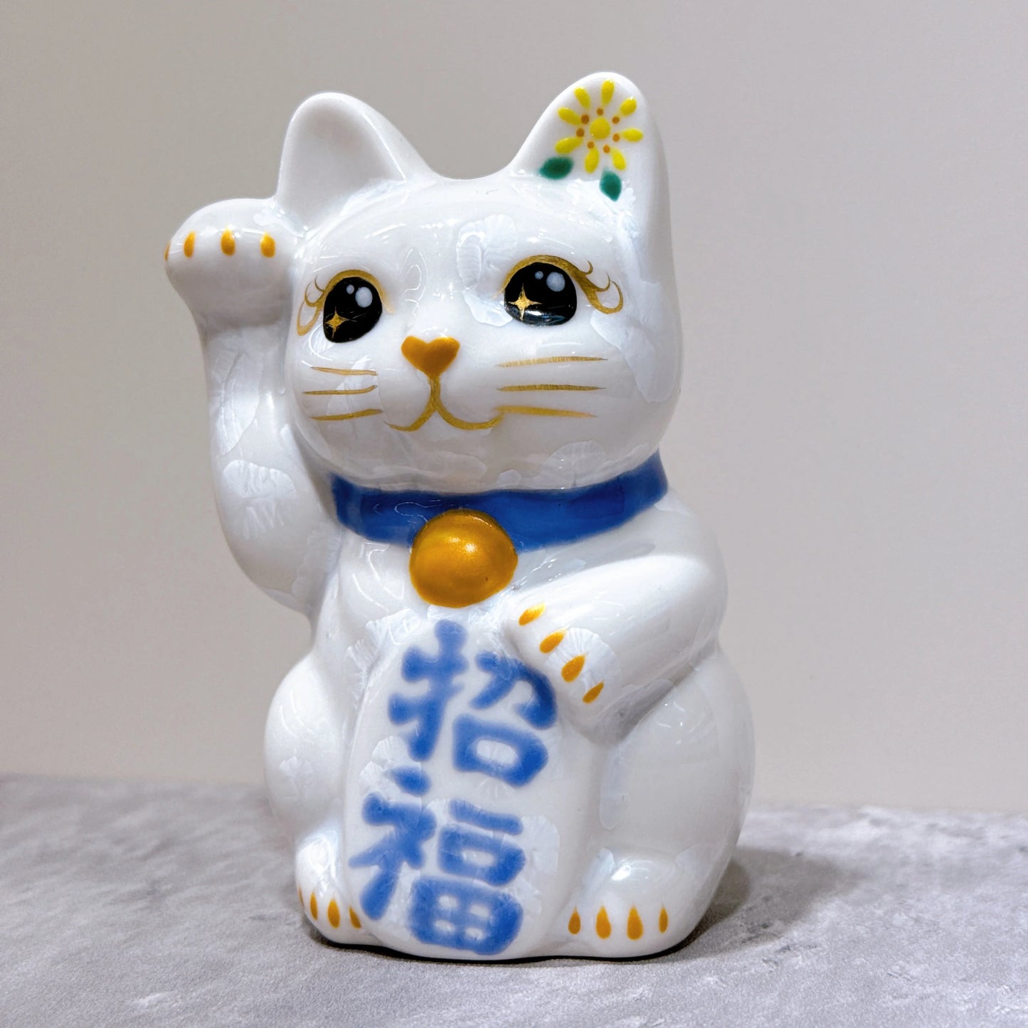 日本清水燒招財貓 花結晶 白 招福 右 特小