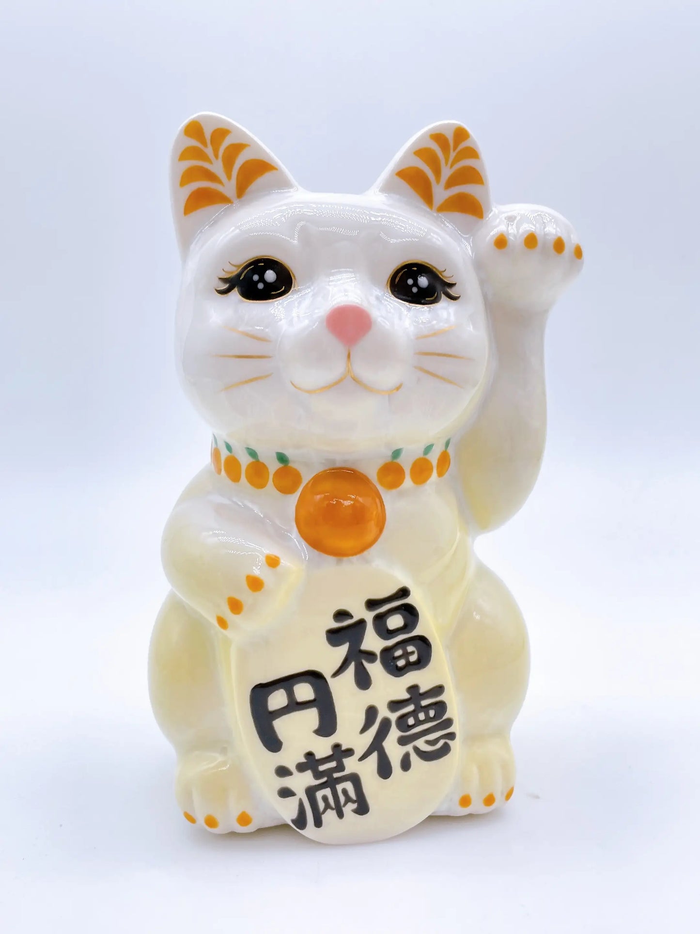 日本清水烧招财猫 花结晶 黄白 福德圆满