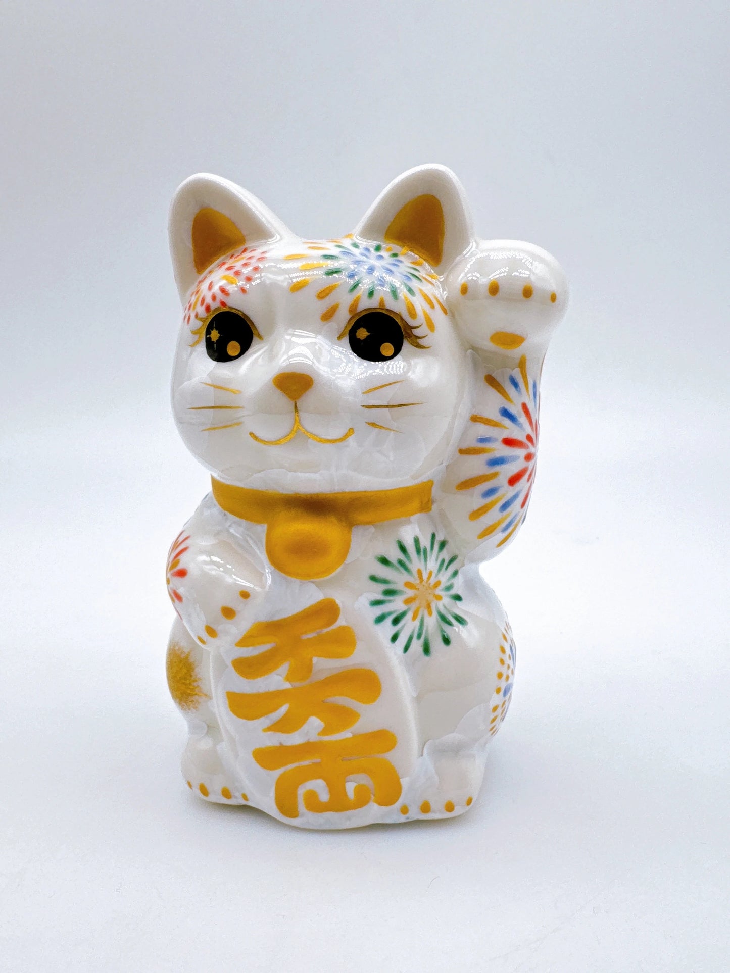 日本清水烧招财猫 花结晶 白 花火
