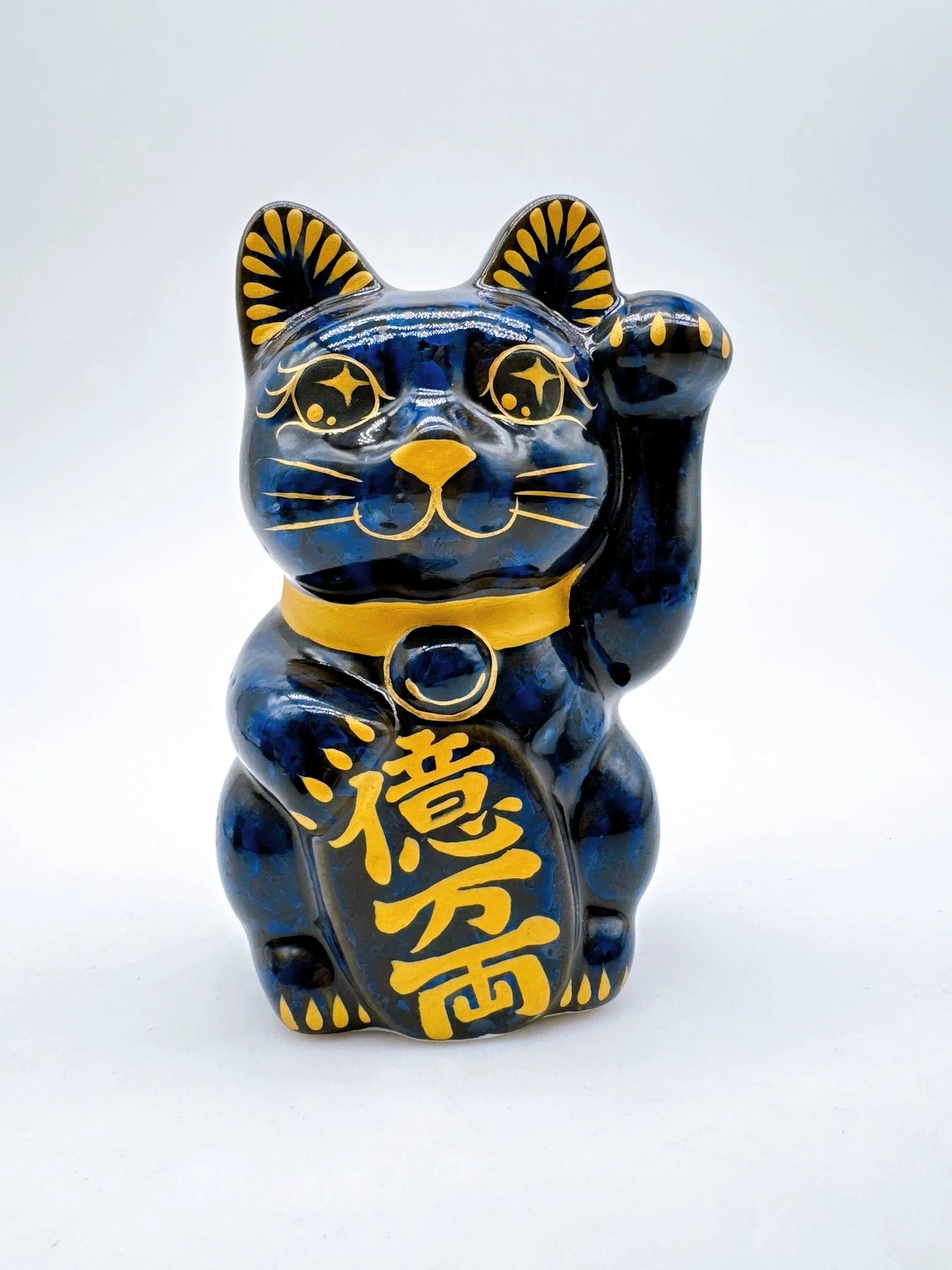 日本清水燒招財貓 花結晶 青墨 億万両 左 特小