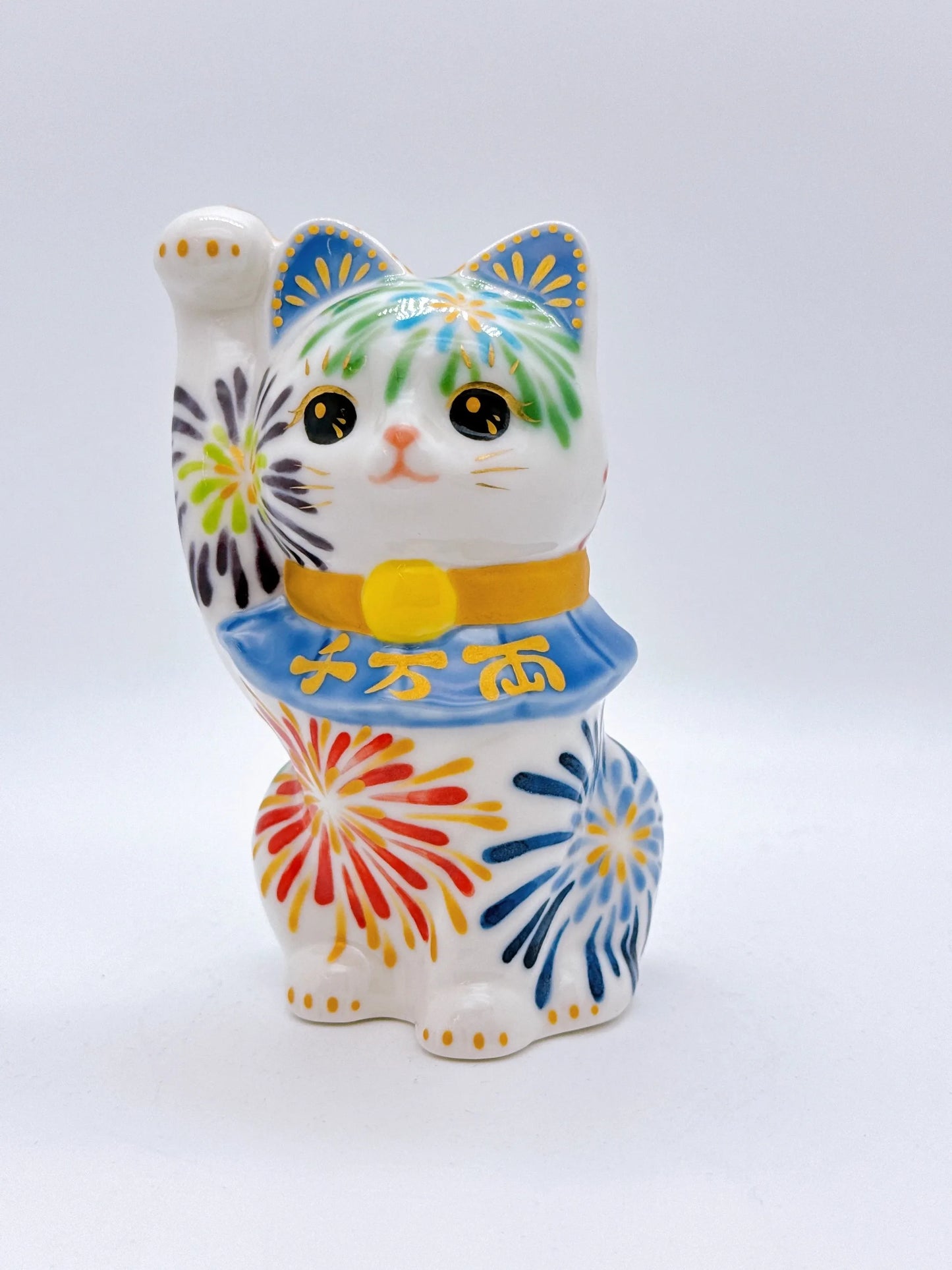 日本清水燒招財貓 色繪 花火