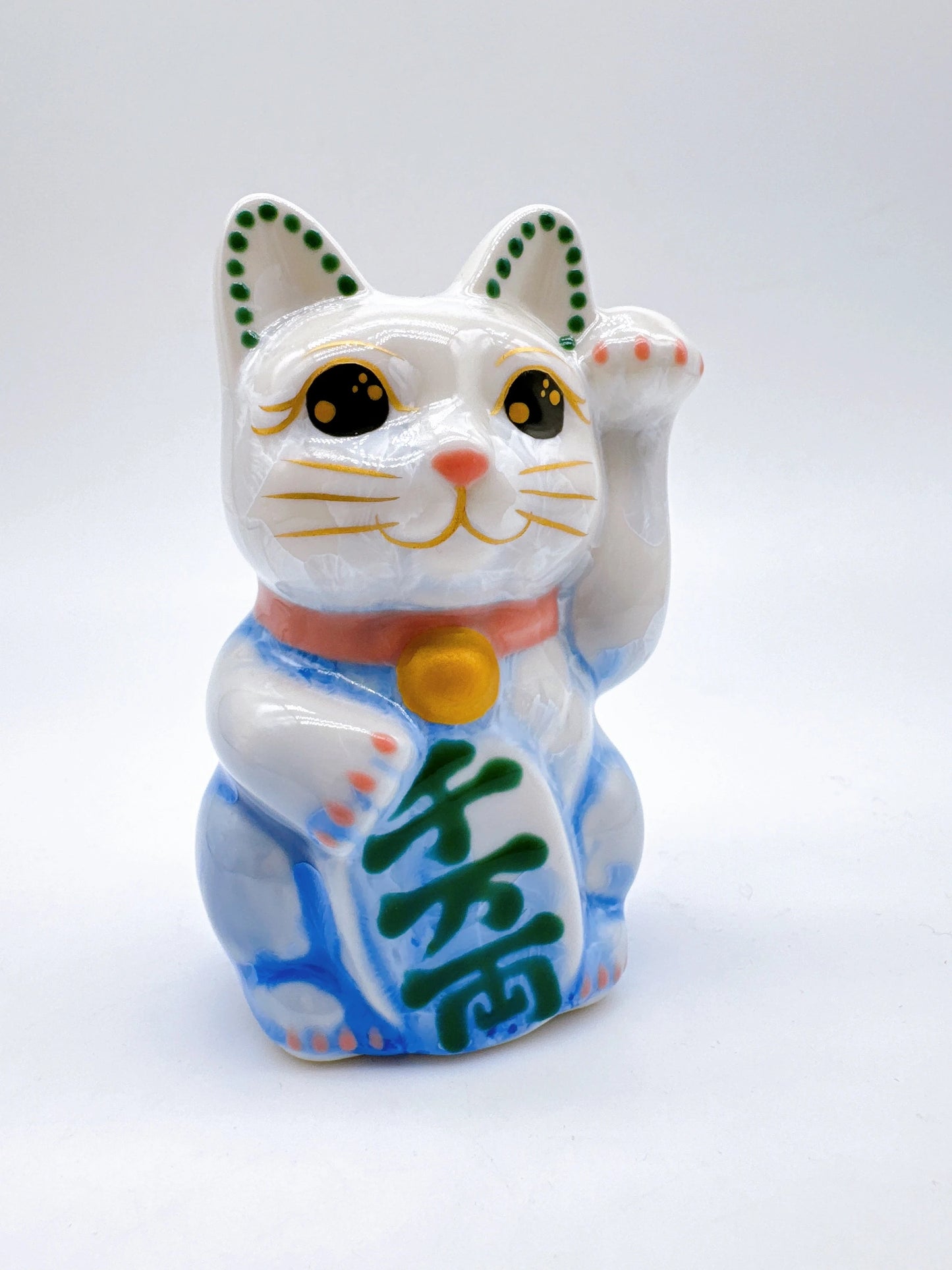日本清水燒招財貓 花結晶 青白 千万両 左 特小