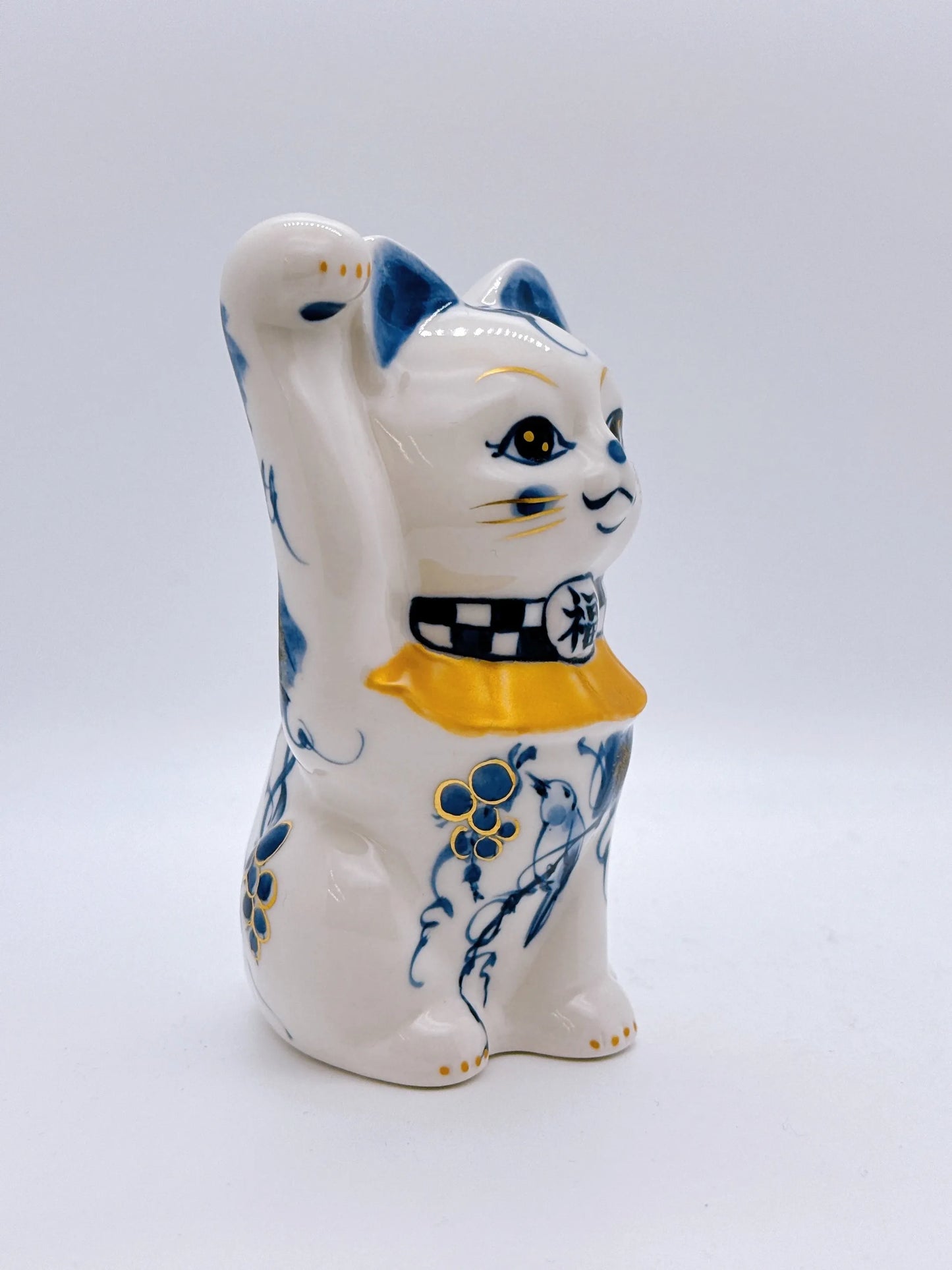 日本清水燒招財貓 染付 金彩福鳥