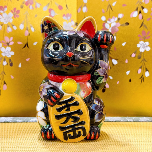 日本清水燒招財貓  黑地鐵線