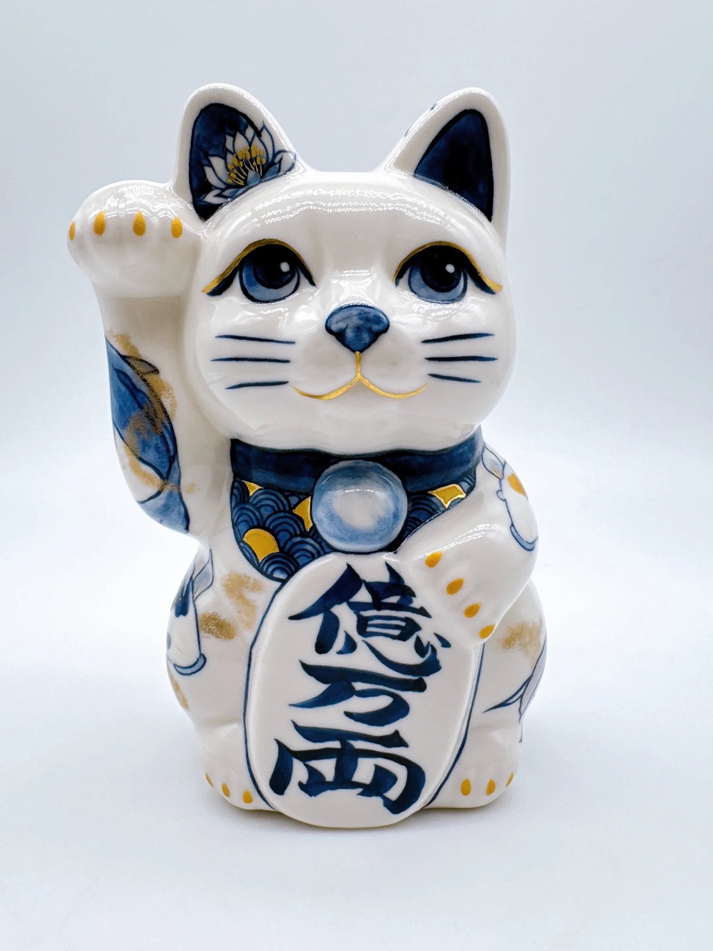 日本清水燒招財貓 染付 金彩鯉 中號