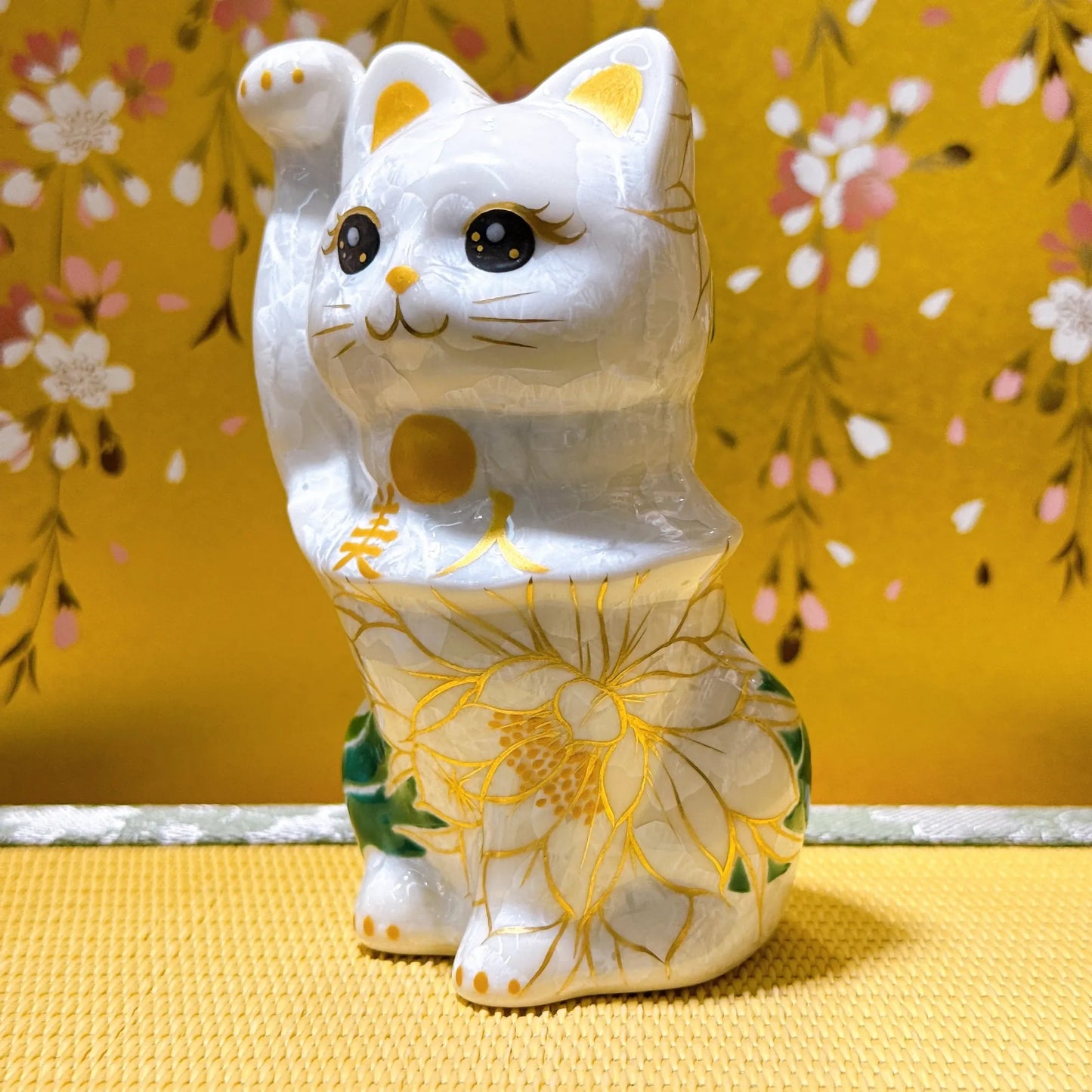 日本清水燒招財貓 花結晶 白 美人