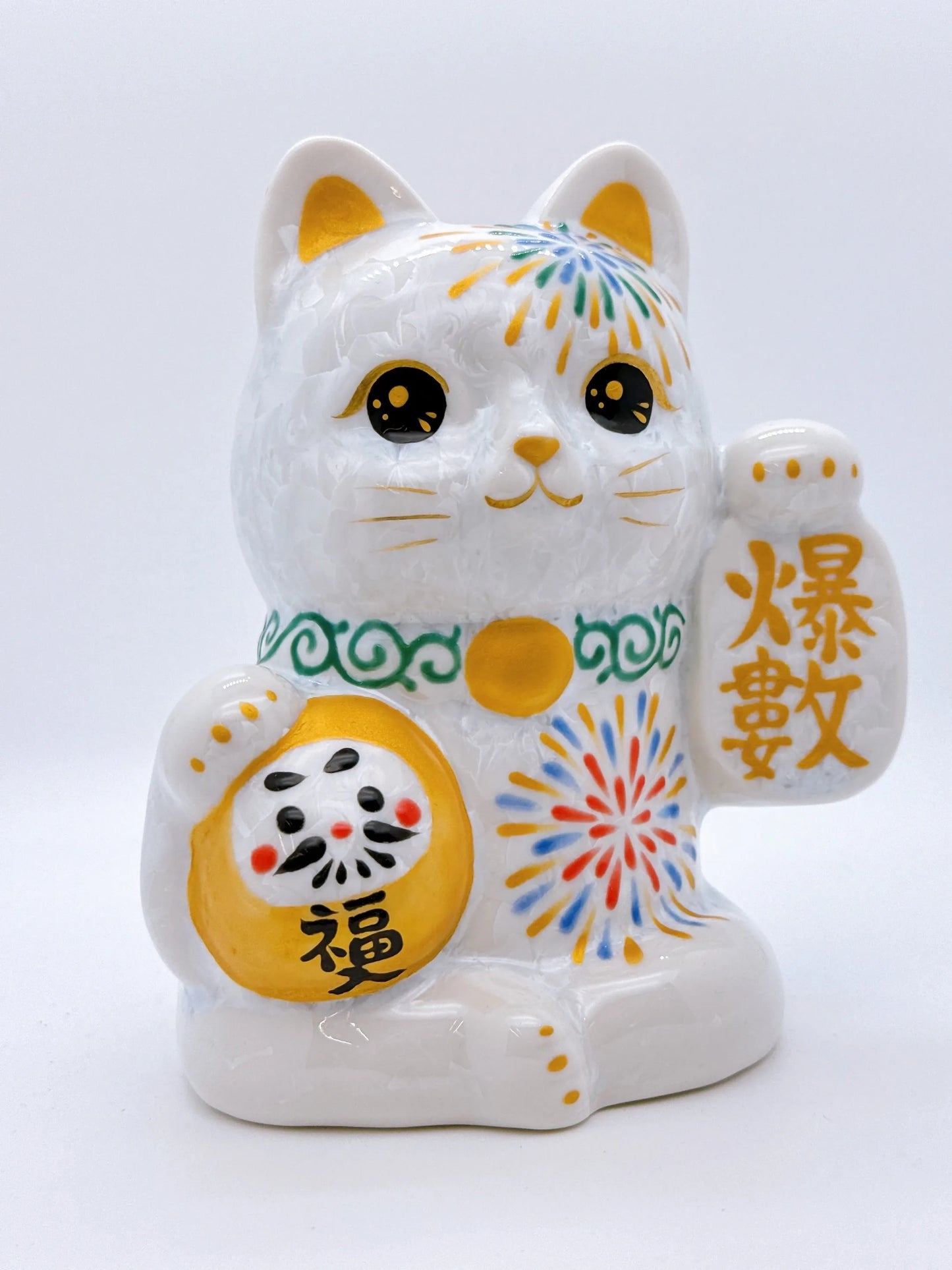 日本清水燒招財貓 達摩 花結晶 白 花火