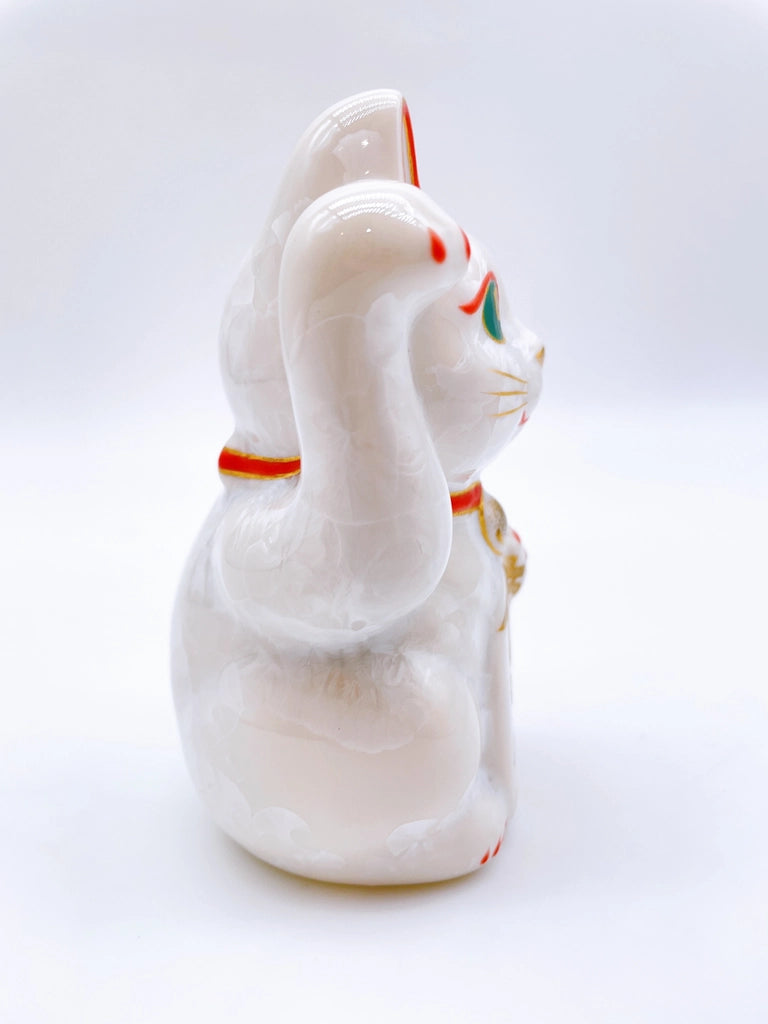 日本清水燒招財貓 花結晶 白 億万両 迷你