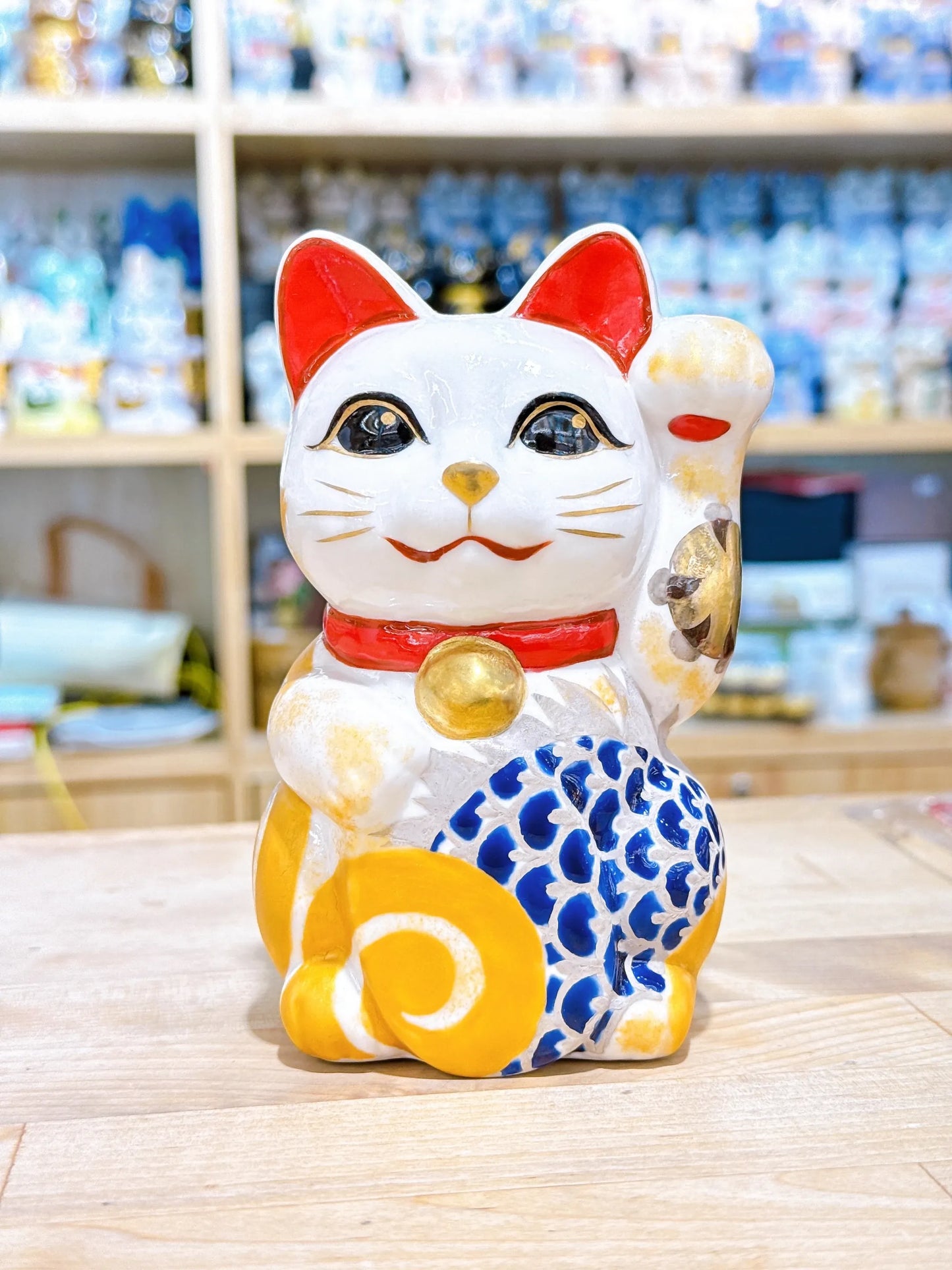 日本清水烧招财猫 色绘 舞龙