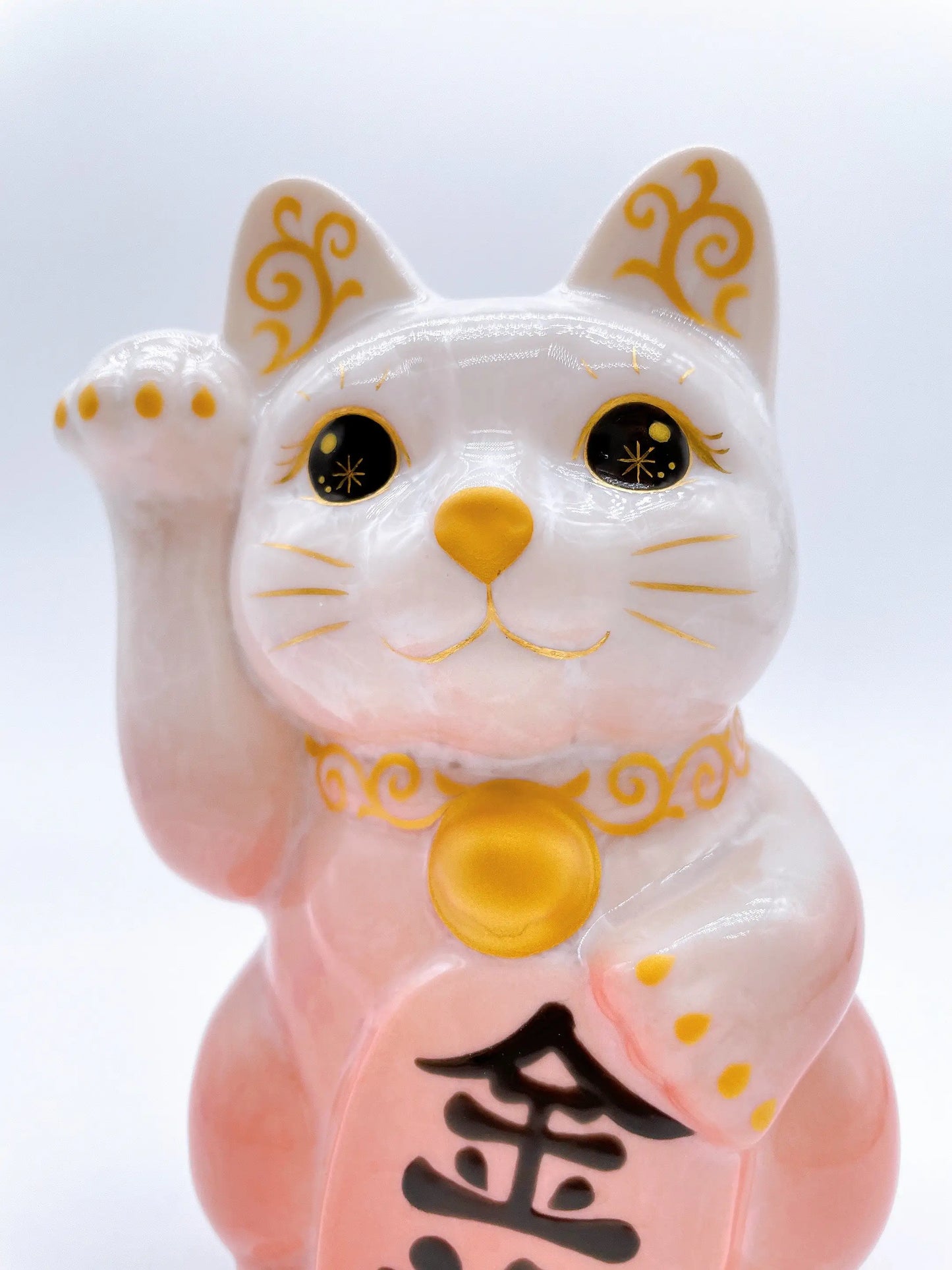 日本清水烧招财猫 花结晶 桃白 金福