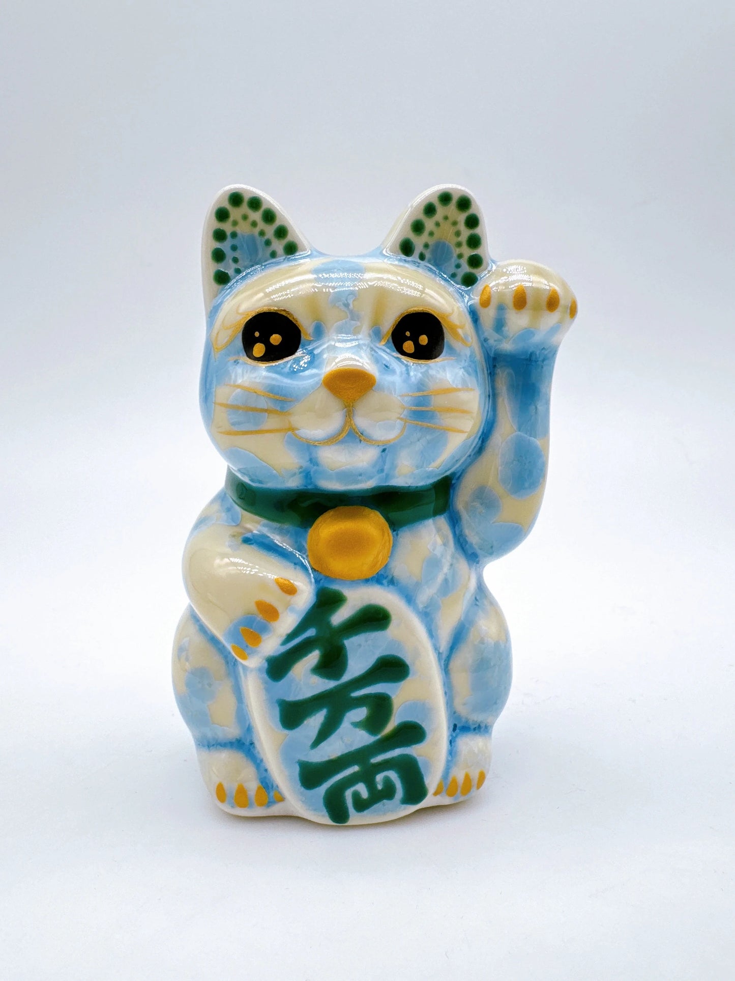 日本清水燒招財貓 花結晶 縹 千万両 左 特小