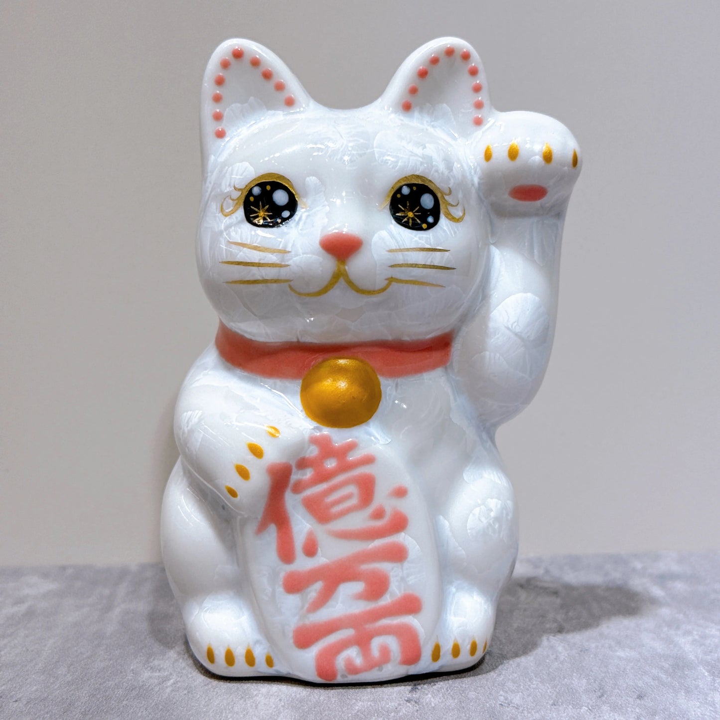 日本清水燒招財貓 花結晶 白 億万両 左 特小