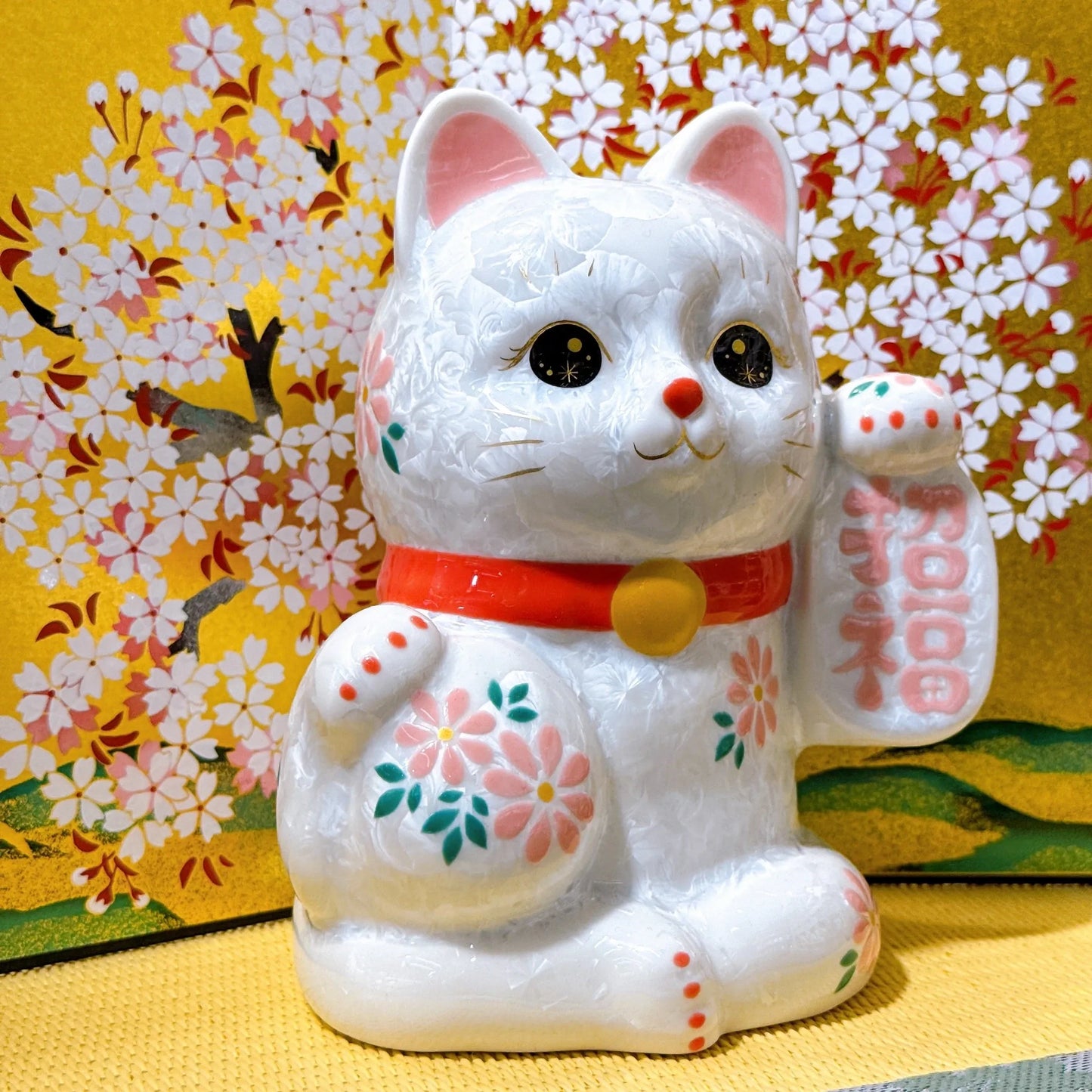 日本清水燒招財貓 花結晶 白 招福