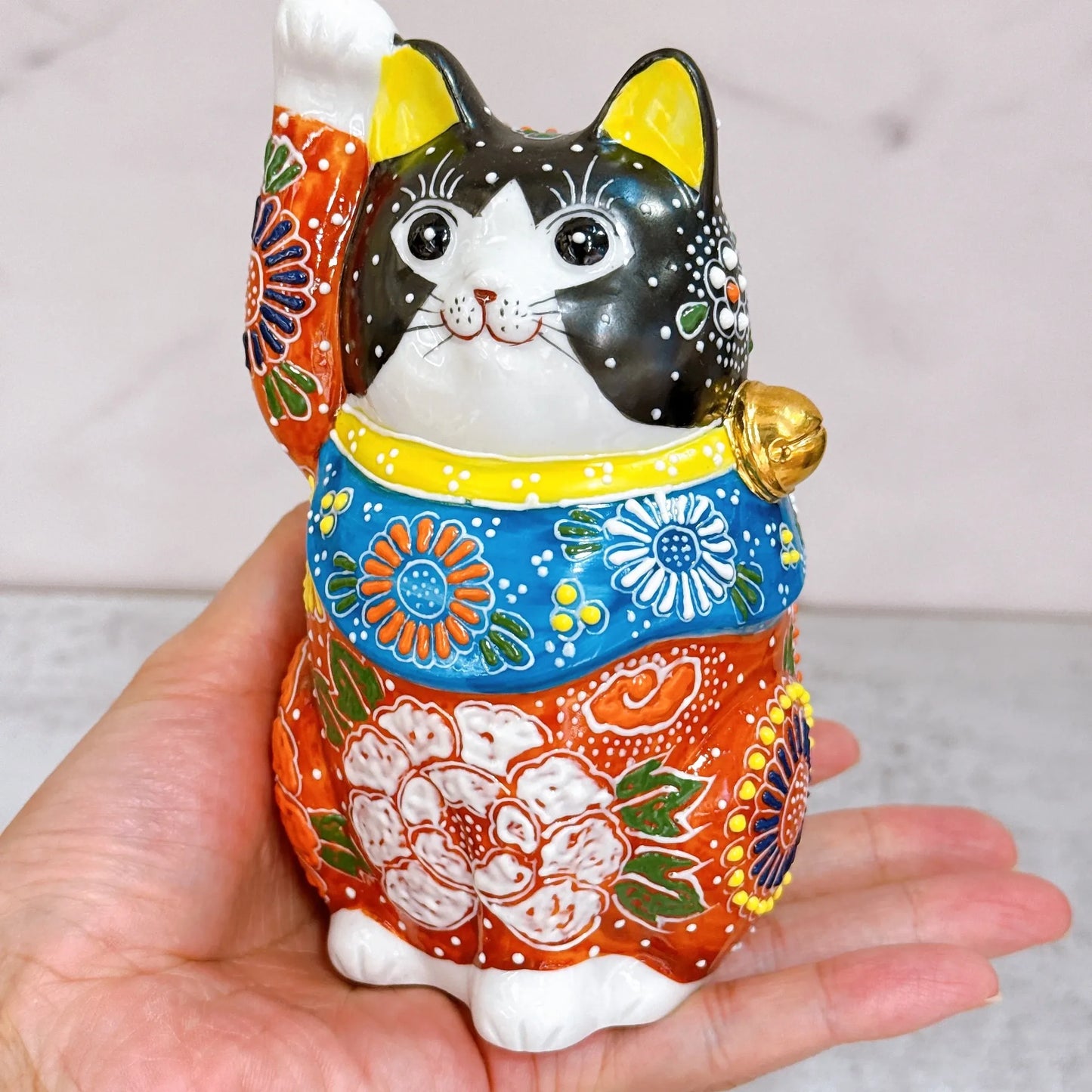 日本九谷燒招財貓 牡丹黑貓