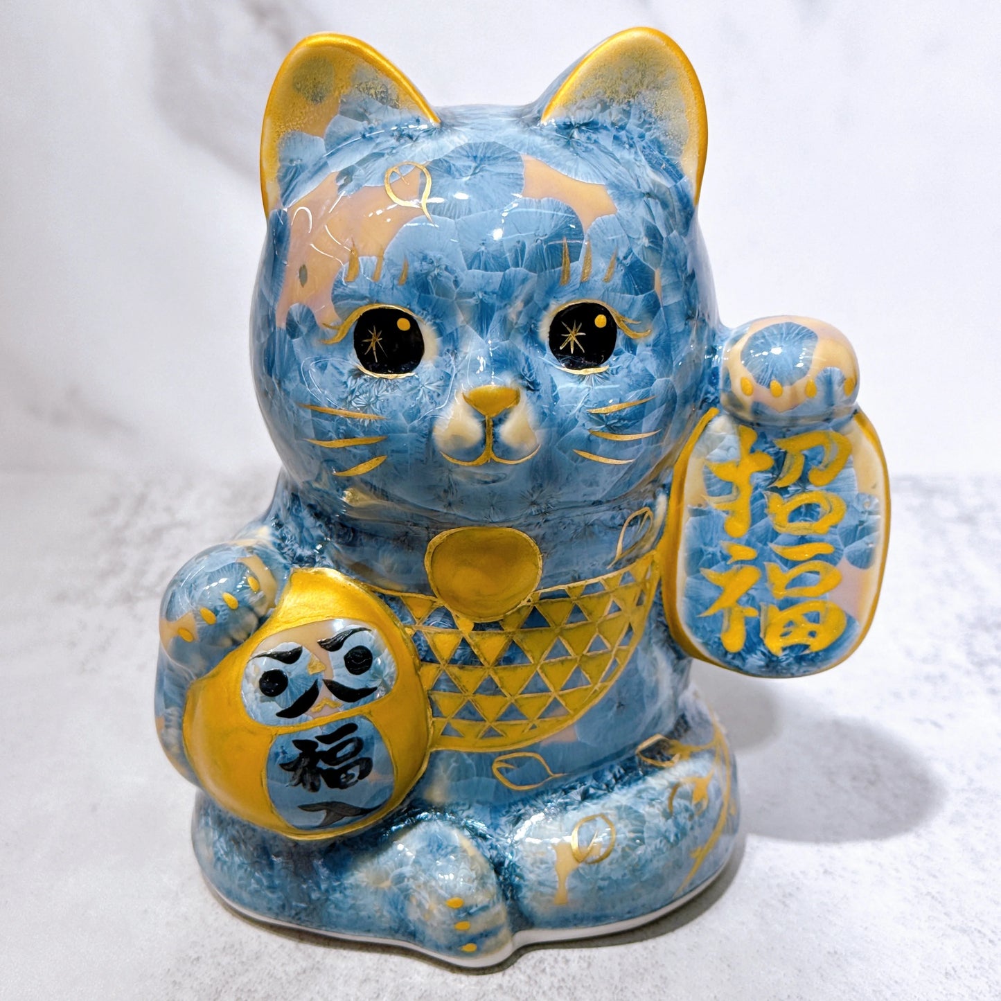 日本清水燒招財貓 達摩 花結晶 灰青 招福