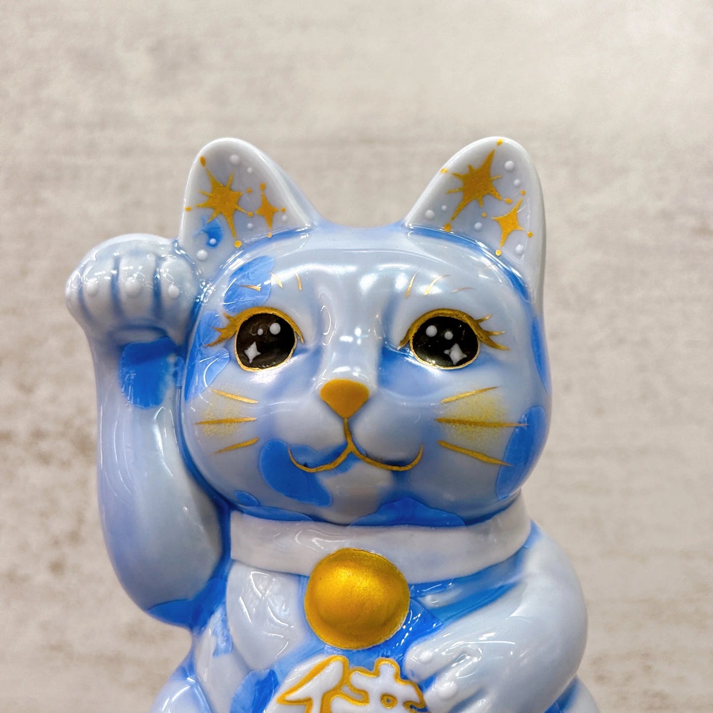 日本清水燒招財貓 花結晶 青 億万両 右