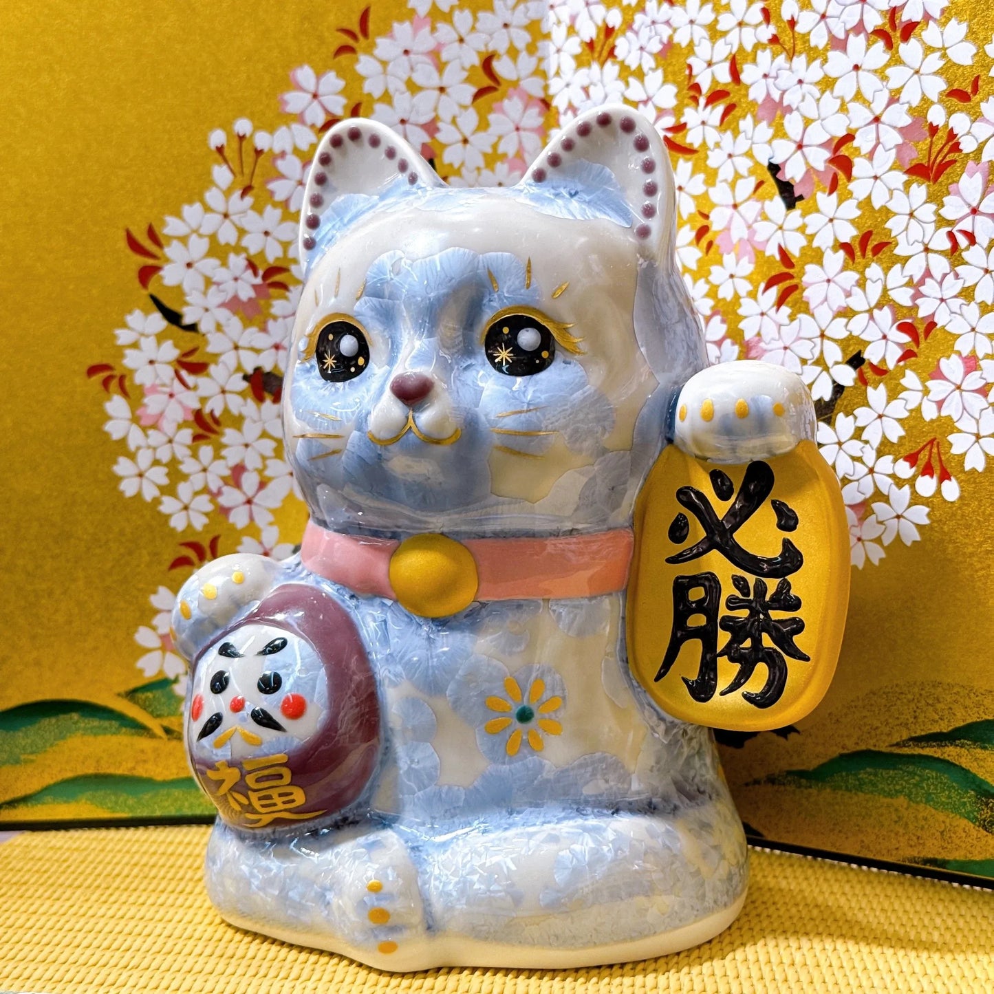 日本清水燒招財貓 達摩 花結晶 銀藤 必勝