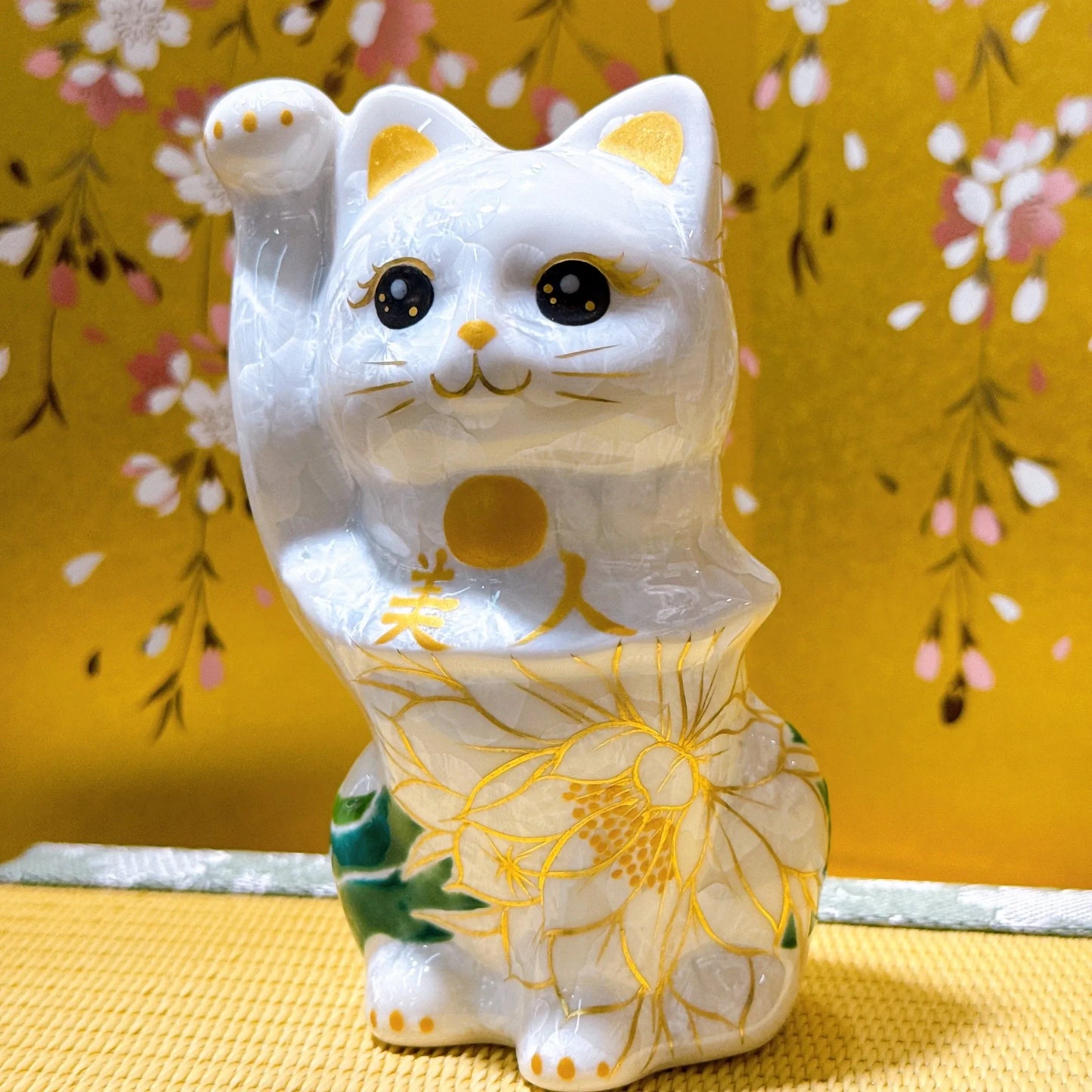 日本清水燒招財貓 花結晶 白 美人