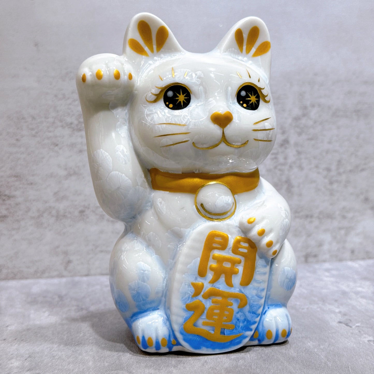 日本清水燒招財貓 花結晶 青白 開運 右
