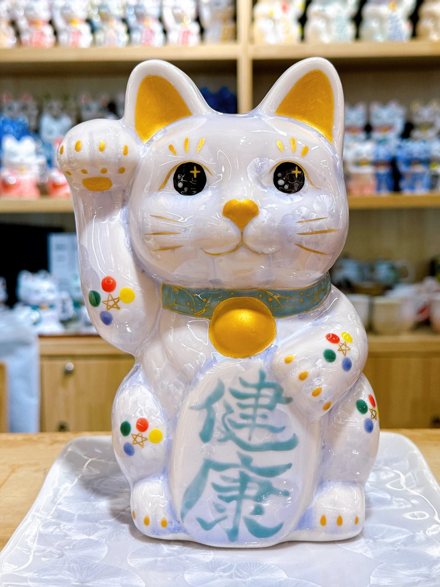 日本清水燒招財貓 花結晶 藤 健康 特大 右