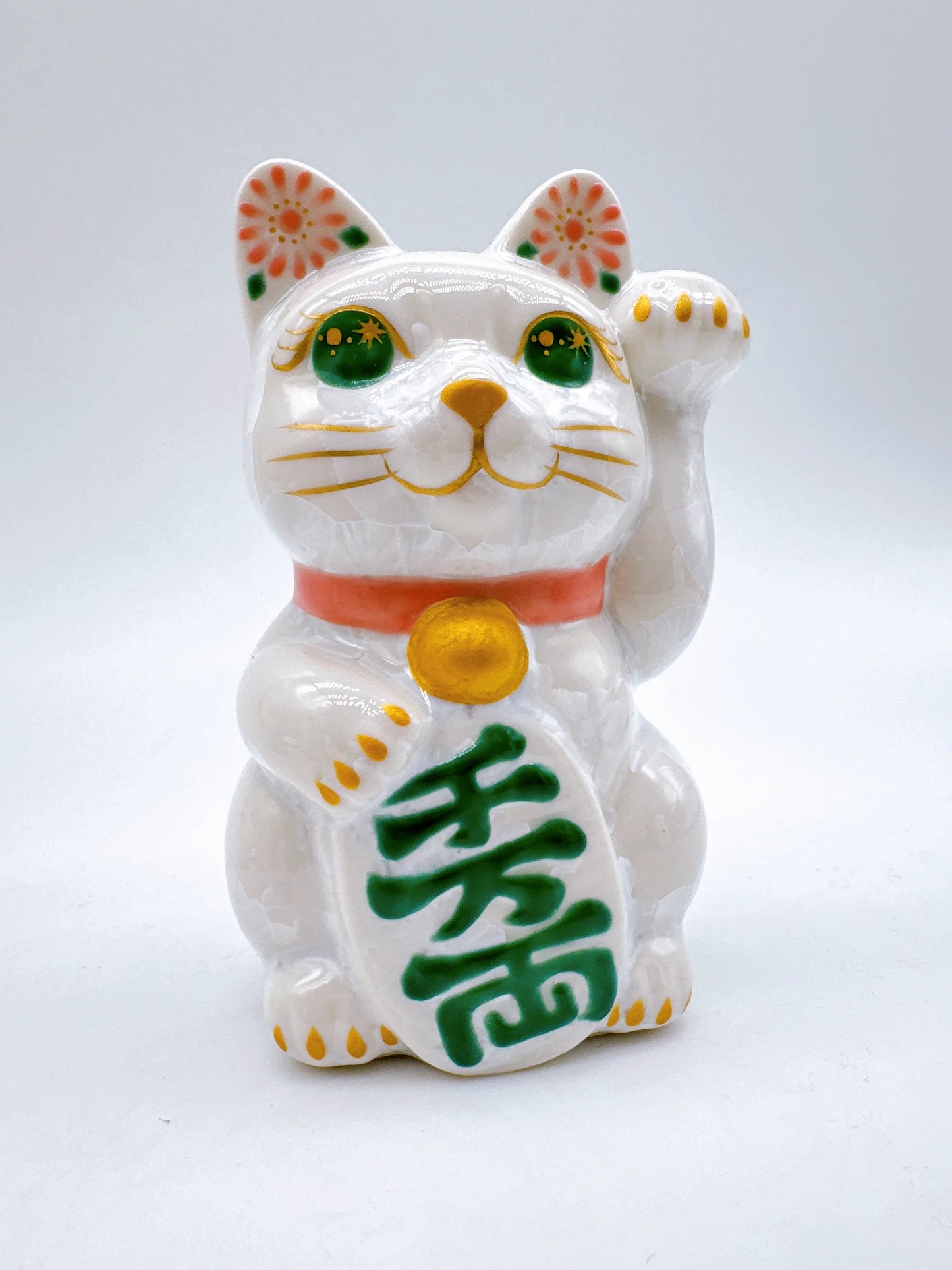日本清水燒招財貓 花結晶 白 千万両 左