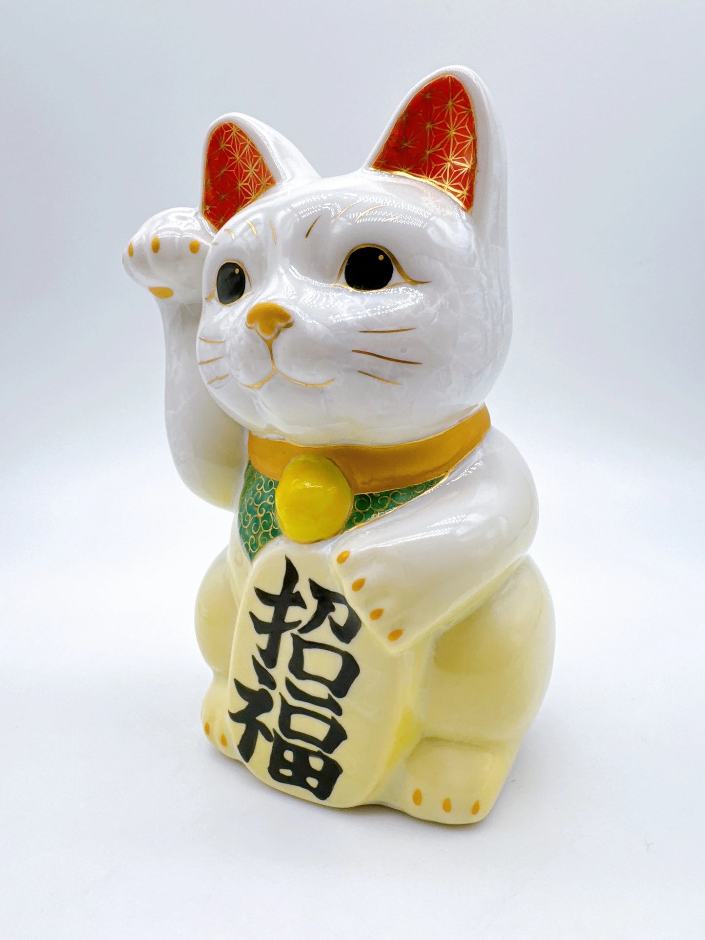 日本清水燒招財貓 花結晶 黃白 特大
