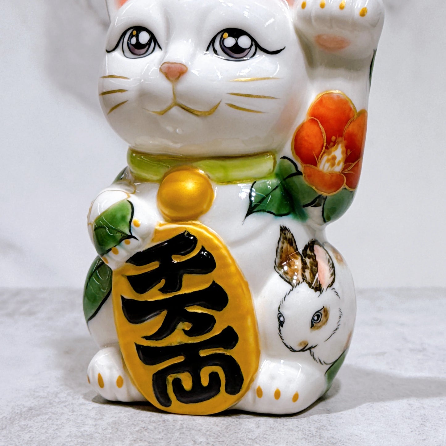 日本清水燒招財貓 色繪 榕花小兔