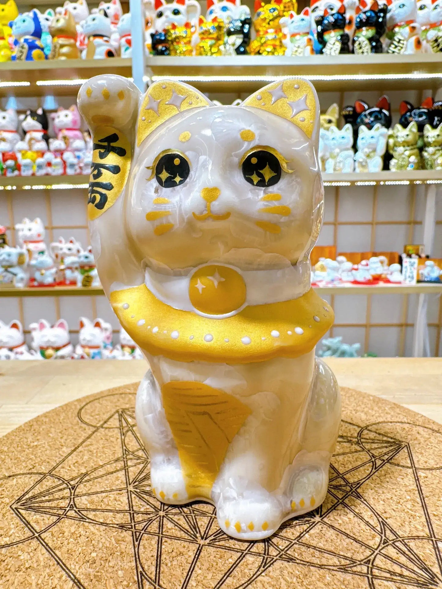 日本清水燒招財貓 花結晶 杏小判 金彩
